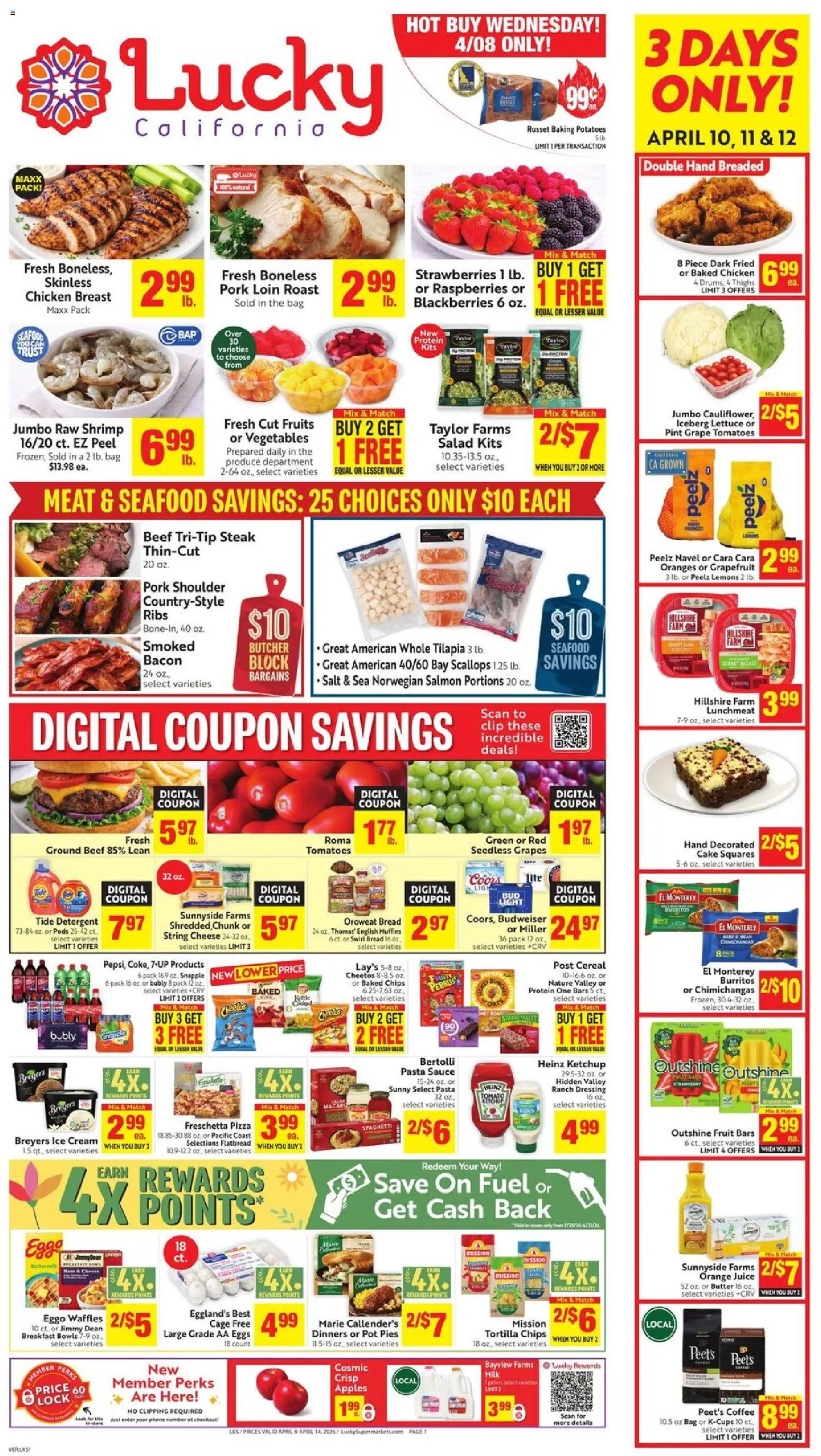 Lucky Supermarkets Weekly Ad - valid from 08.04.2026 | Page: 1 | Products: Beef, Strawberries, Fruits, Seafood