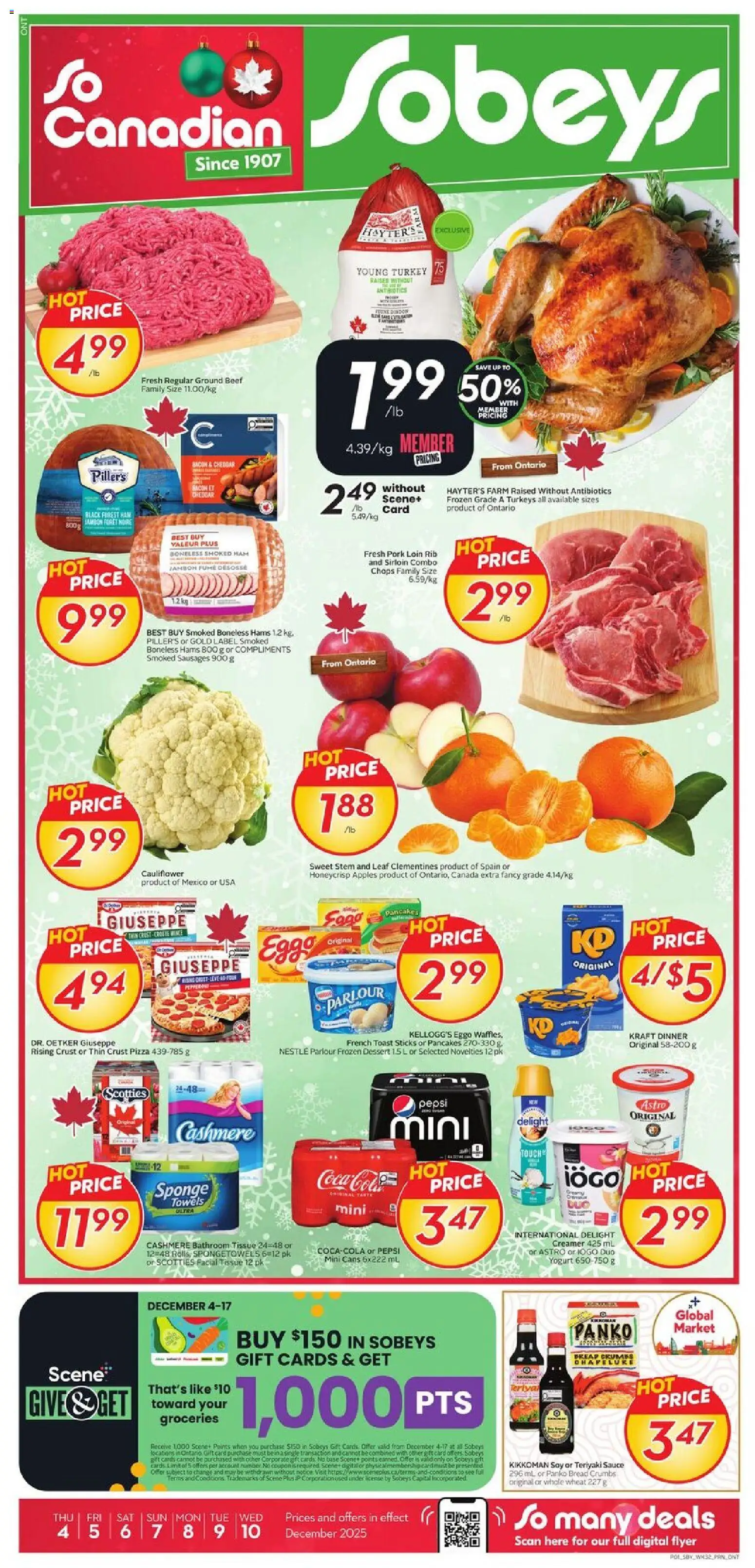 Sobeys flyer valid from 04.12.2025 | Page: 1 | Products: Sponge, Bread, Ham, Apples