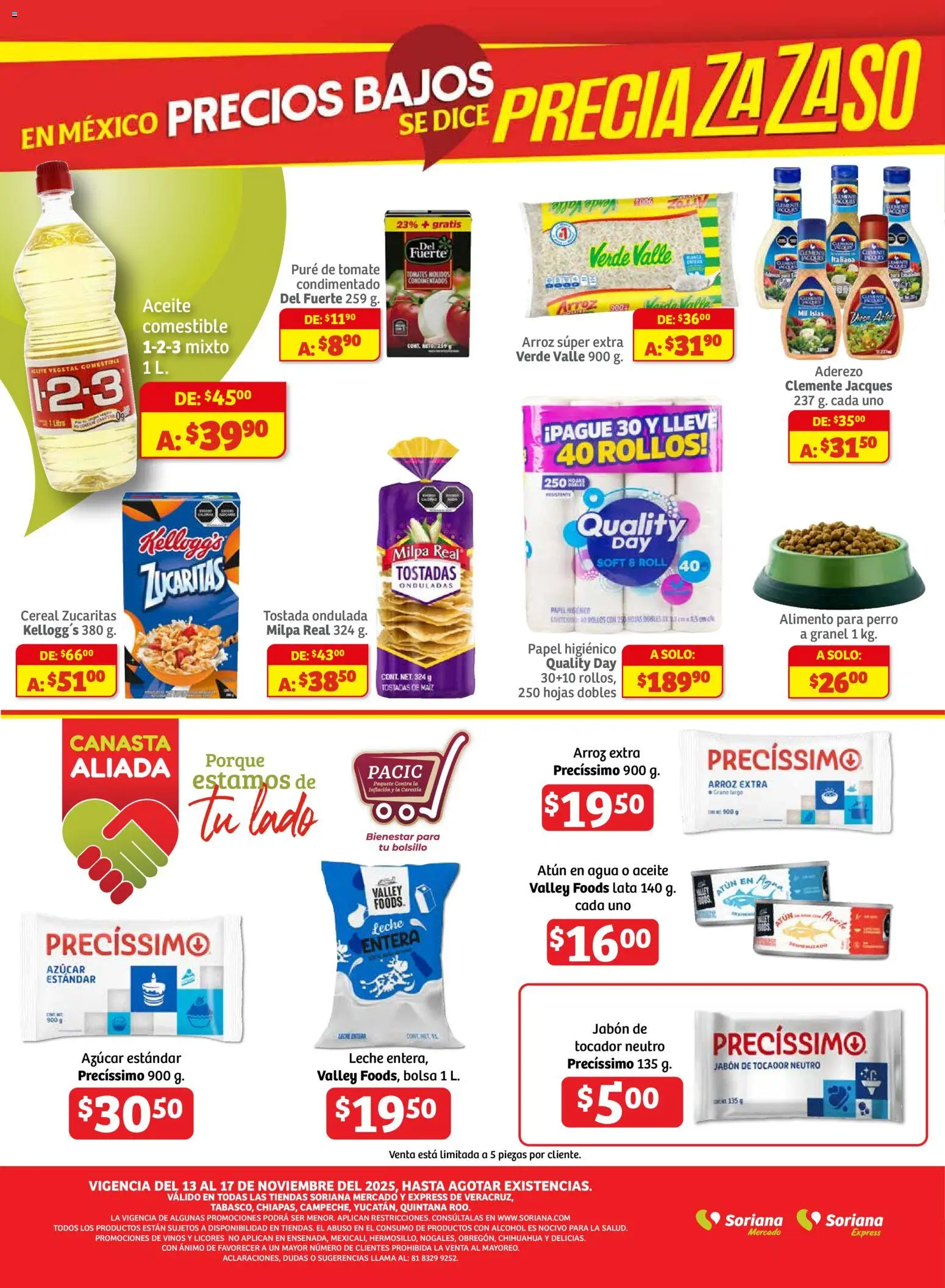 Nuevas ofertas de Soriana válidas en toda la República Mexicana desde el 13.11.2025. ¡Encuentra las mejores ofertas en Soriana - Ahorratón Mercado: Ver, Tab, Chis, Camp, Yuc y Q. Roo! | Página: 8 | Productos: Azúcar, Agua, Aceite, Jabón