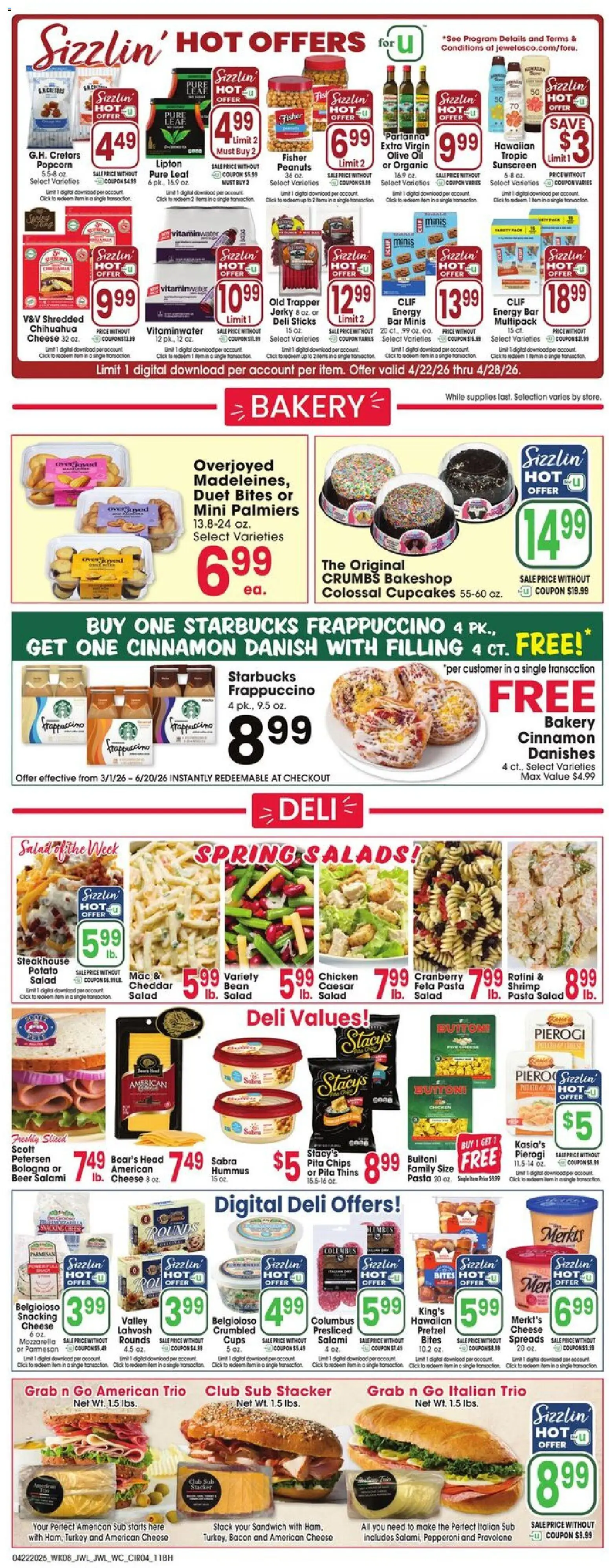 Jewel Osco Weekly Ad - IN - valid from 22.04.2026 | Page: 4 | Products: Salami, Beer, Pasta, Salad