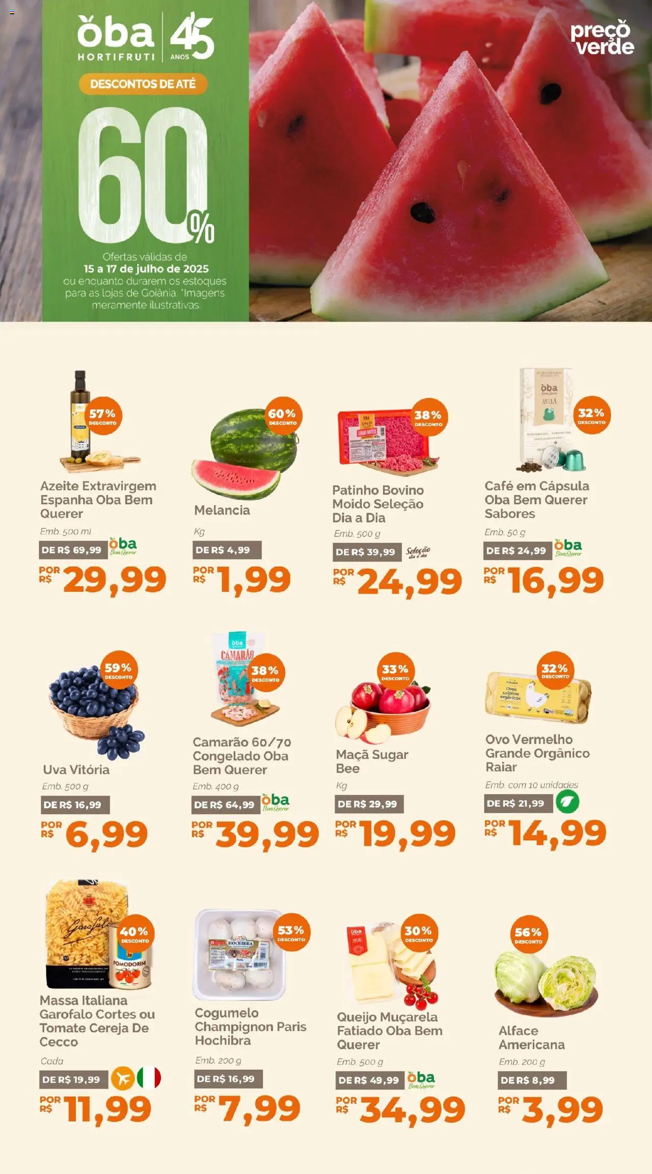 Oba Hortifruti Folheto - válido de 15.07.2025 | Página: 1 | Produtos: Camarão, Carne, Alface, Azeite