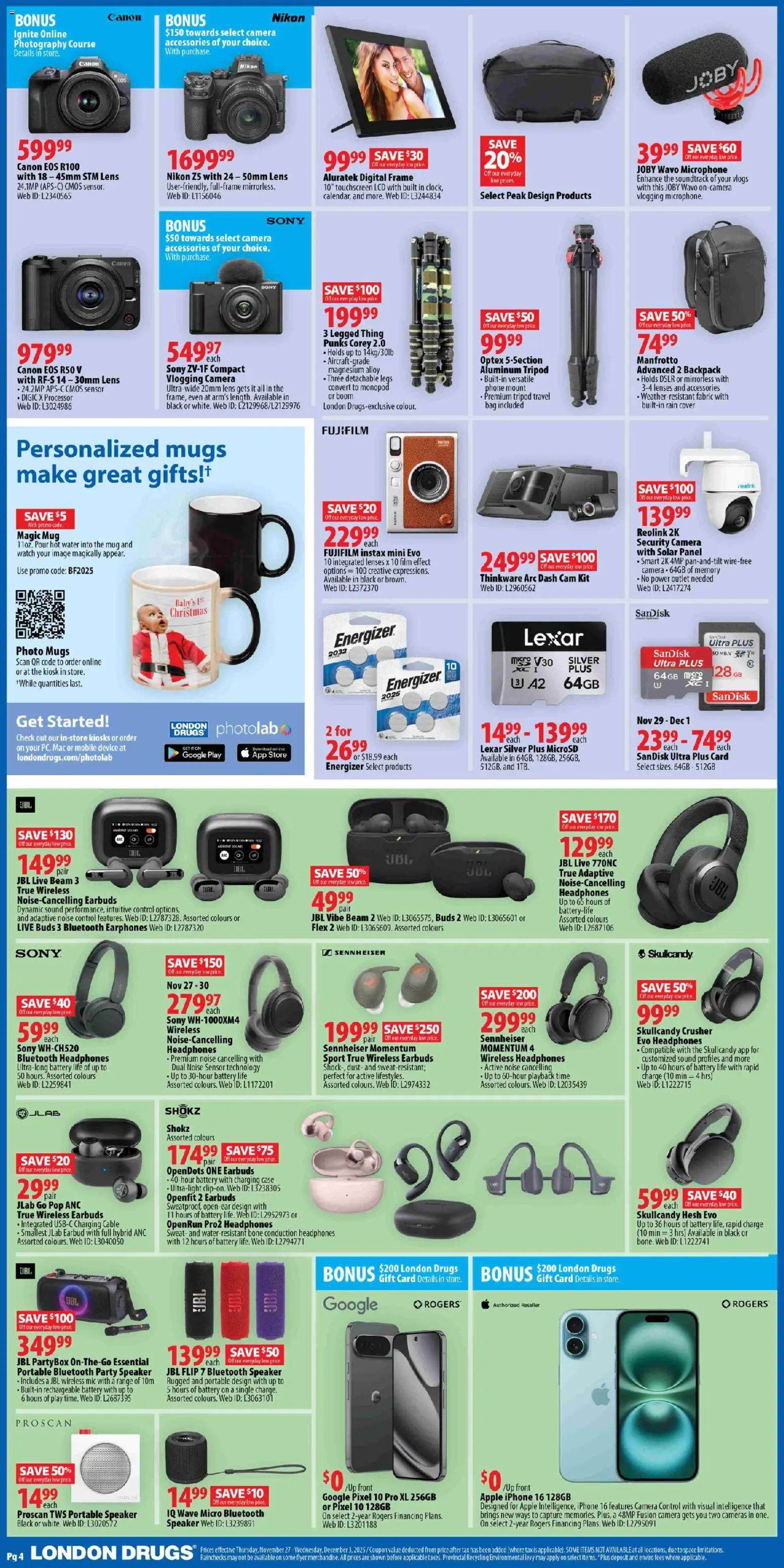 London Drugs flyer valid from 27.11.2025 | Page: 4 | Products: Microphone, Bag, Speaker, Battery