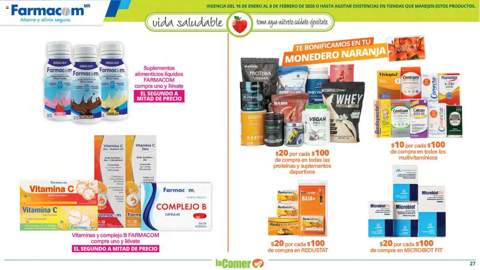 Nuevas ofertas de La Comer válidas en toda la República Mexicana desde el 16.01.2026. ¡Encuentra las mejores ofertas en La Comer folleto Vida Saludable! | Página: 27 | Productos: Monedero, Agua, Chocolate, Vitaminas