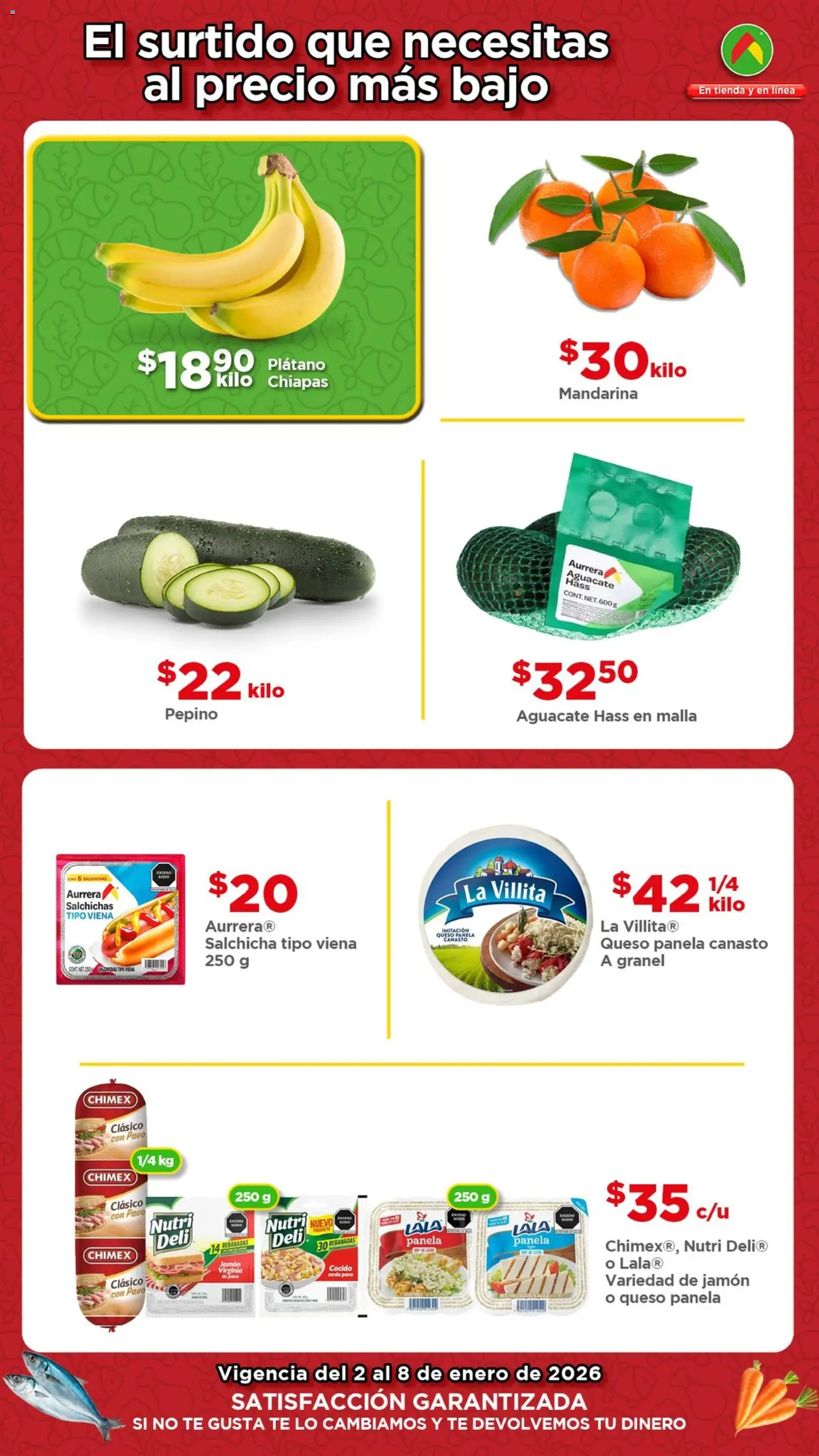 Nuevas ofertas de Bodega Aurrerá válidas en toda la República Mexicana desde el 02.01.2026. ¡Encuentra las mejores ofertas en Bodega Aurrerá folleto Ofertas! | Página: 2 | Productos: Plátano, Salchicha, Queso, Jamón