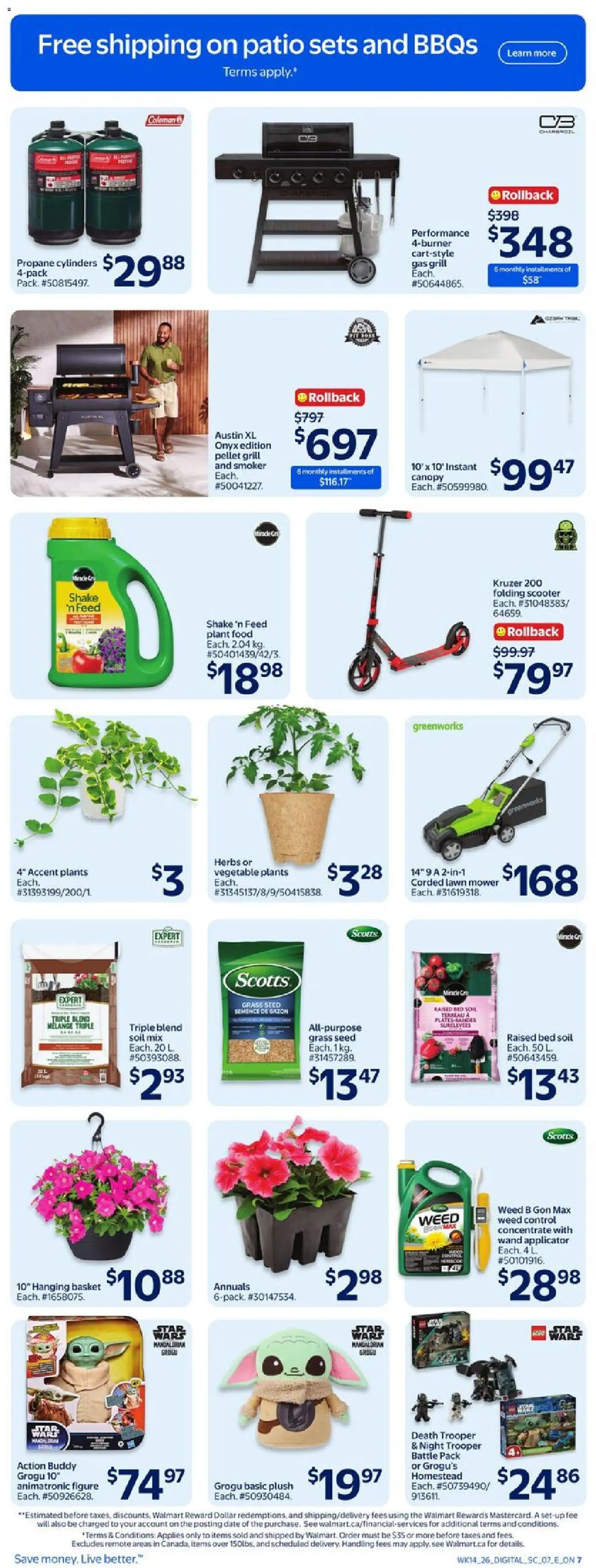 Walmart flyer valid from 30.04.2026 | Page: 14 | Products: Grill, Mower, Bed, Basket