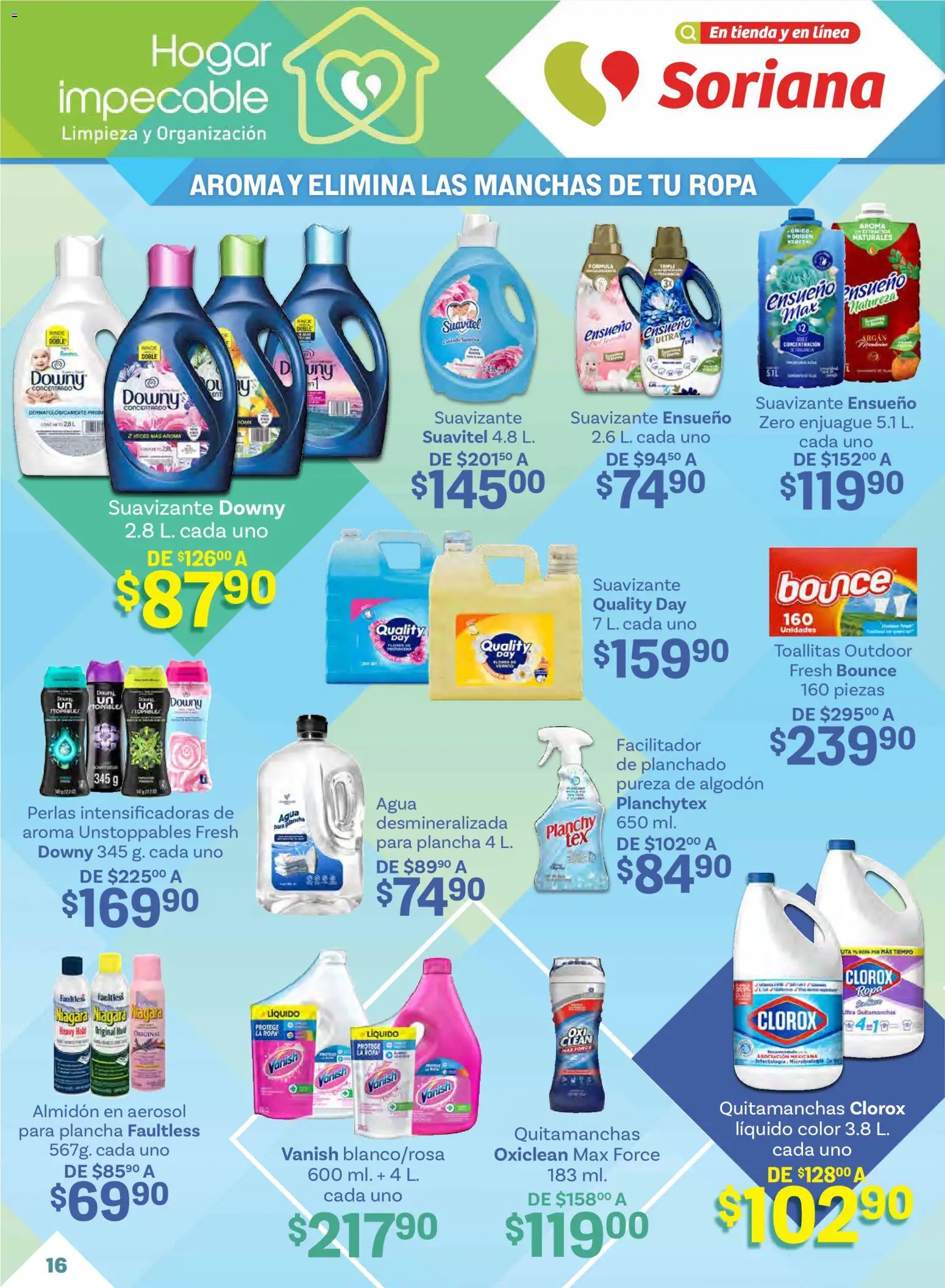 Nuevas ofertas de Soriana válidas en toda la República Mexicana desde el 15.01.2026. ¡Encuentra las mejores ofertas en Soriana folleto! | Página: 16 | Productos: Quitamanchas, Agua, Suavizante, Ropa