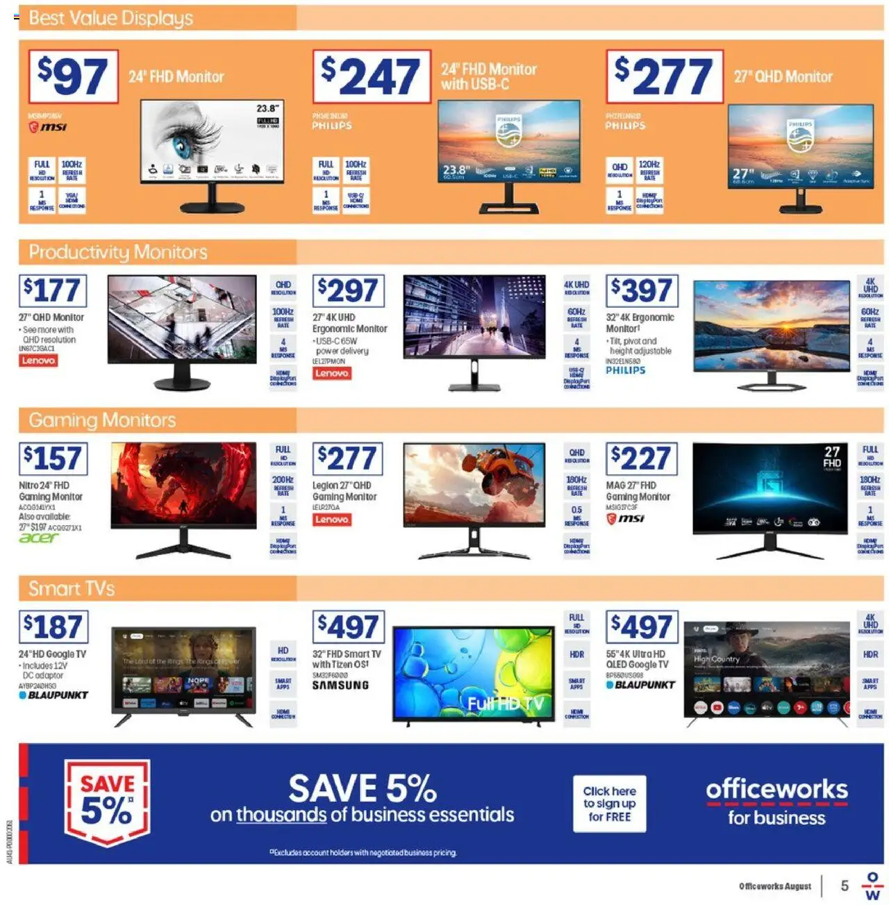 Officeworks catalogue - valid from 07.08.2025 | Page: 5 | Products: Ergonomic, Adaptor, Tv, Smart tv