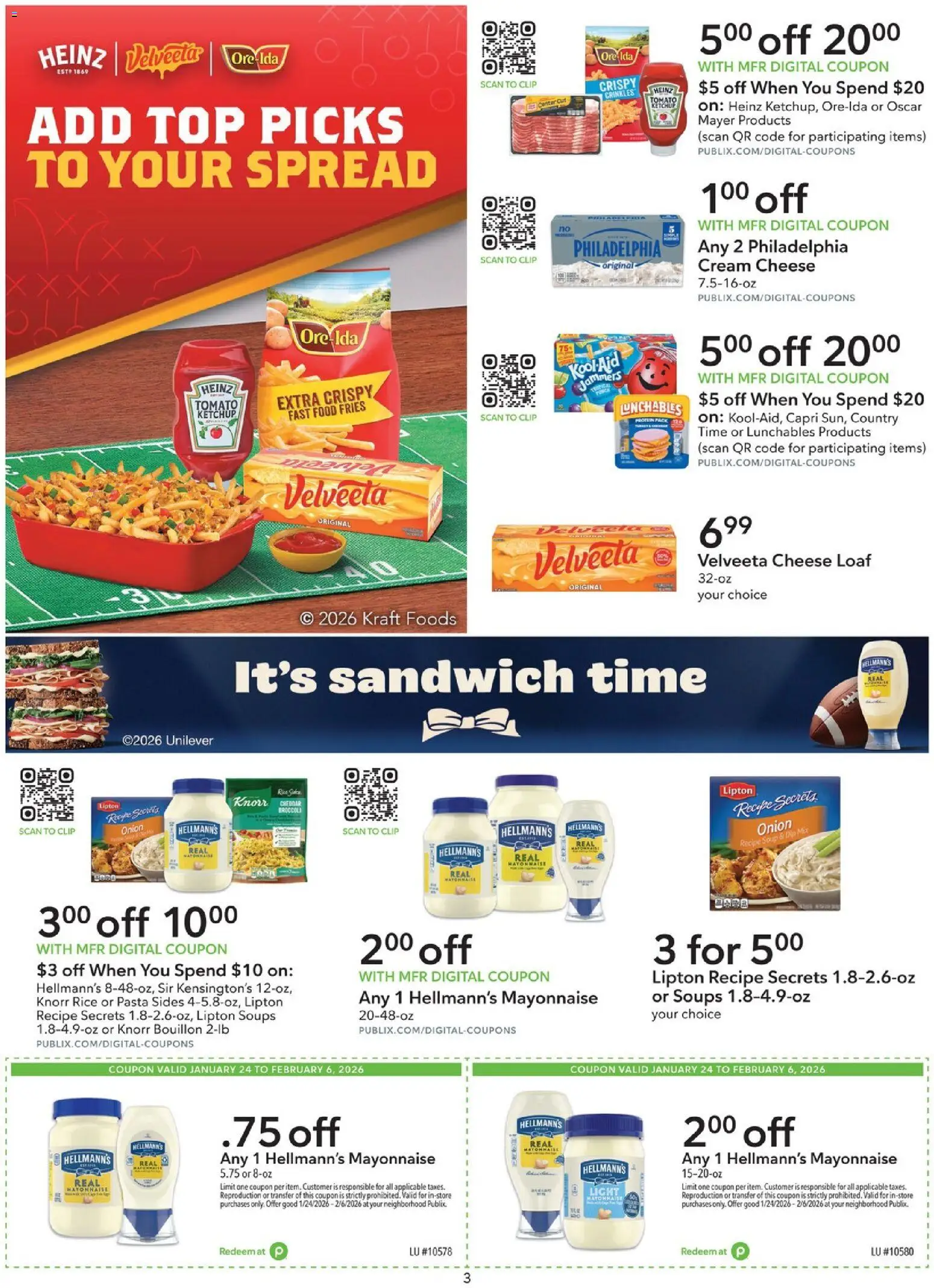 Publix Extra Savings - valid from 24.01.2026 | Page: 3 | Products: Cheese, Pasta, Ketchup, Mayonnaise