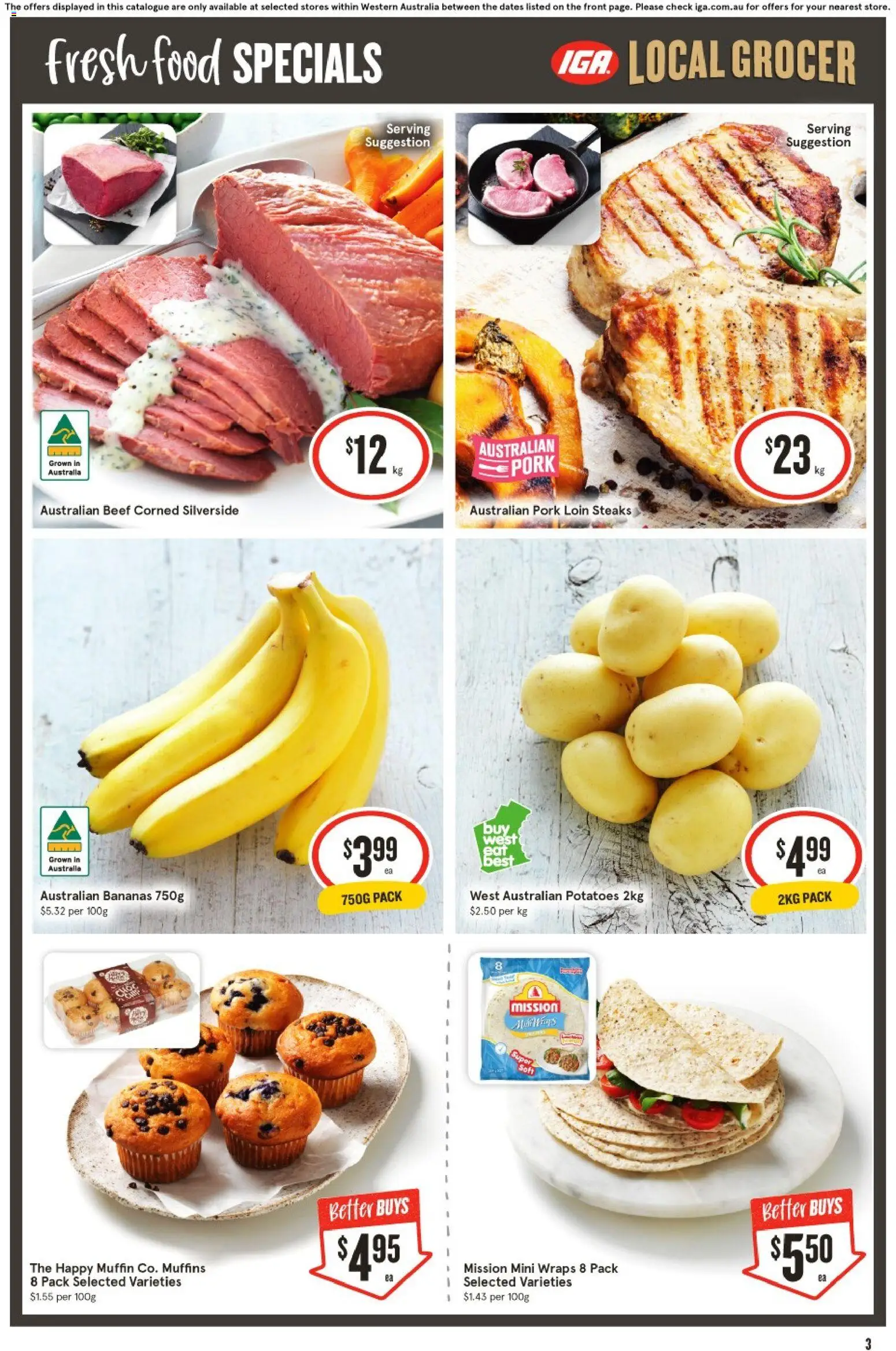 IGA catalogue - valid from 04.02.2026 | Page: 3 | Products: Pork, Bananas, Muffins, Potatoes