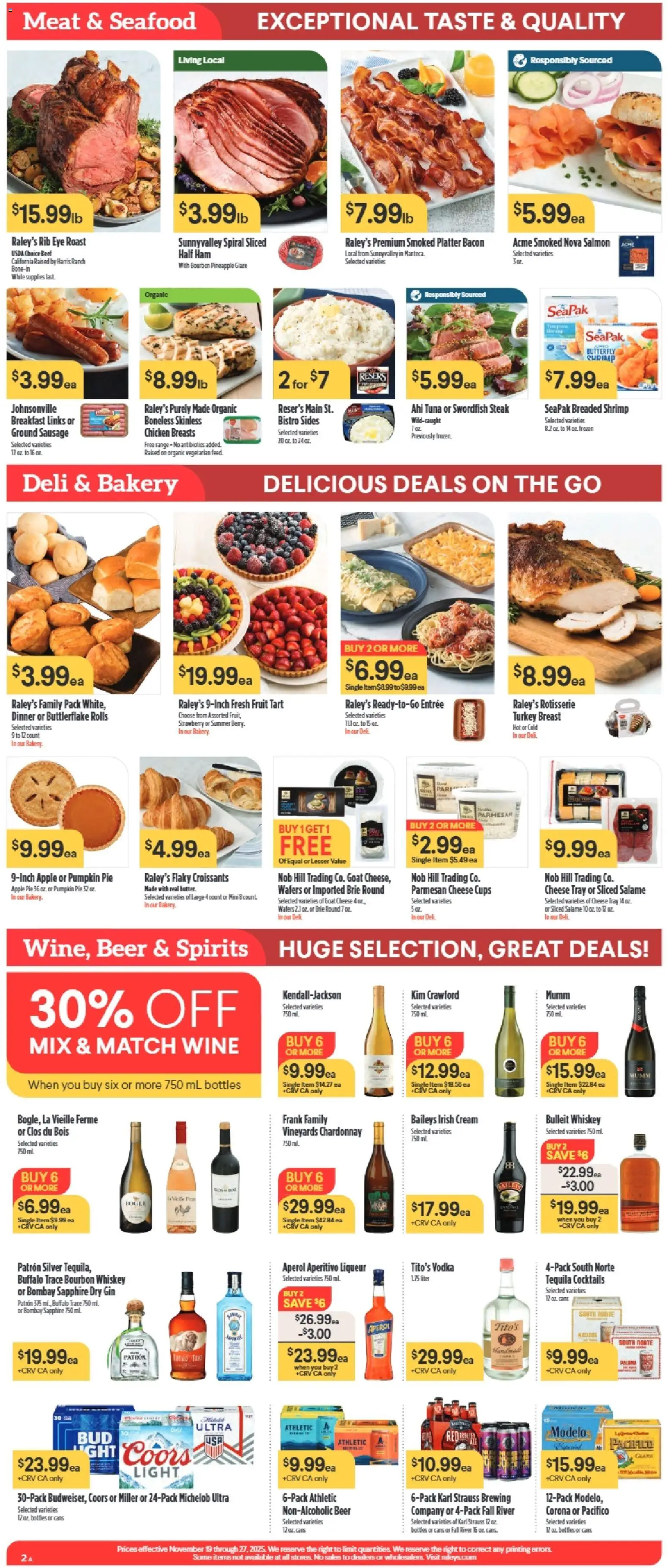 Raley's Weekly Ad - valid from 19.11.2025 | Page: 2 | Products: Ham, Beer, Bourbon, Croissants