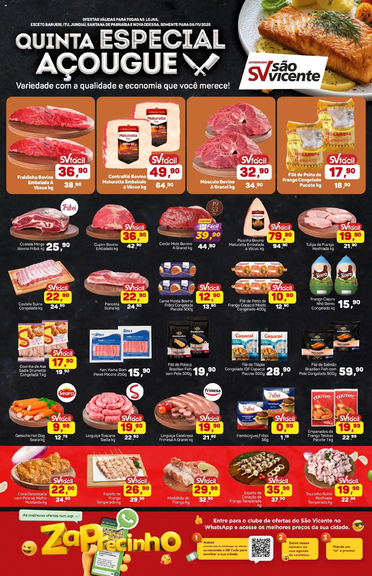 Supermercados São Vicente Folheto - válido de 06.11.2025 | Página: 1 | Produtos: Fraldinha, Picanha, Coração de frango, Hambúrguer
