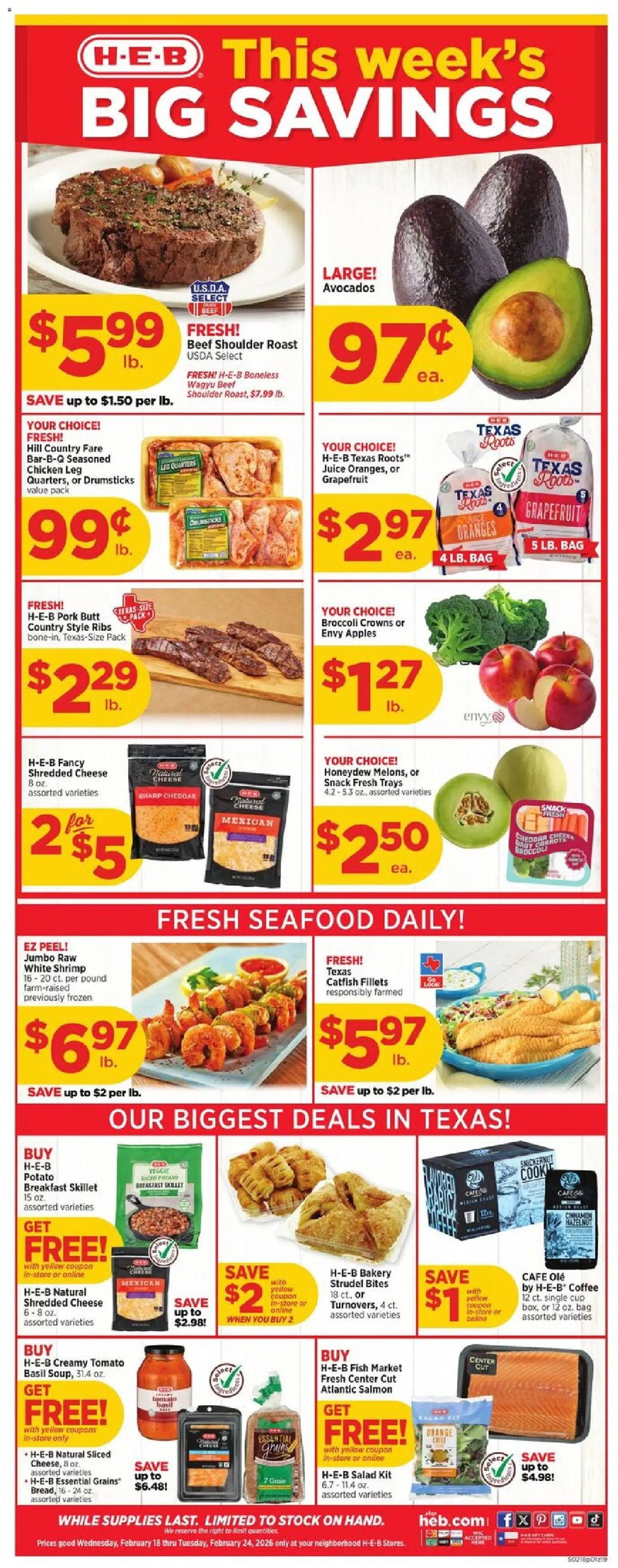 H-E-B Weekly Ad - valid from 18.02.2026 | Page: 1 | Products: Coffee, Juice, Fish, Bag