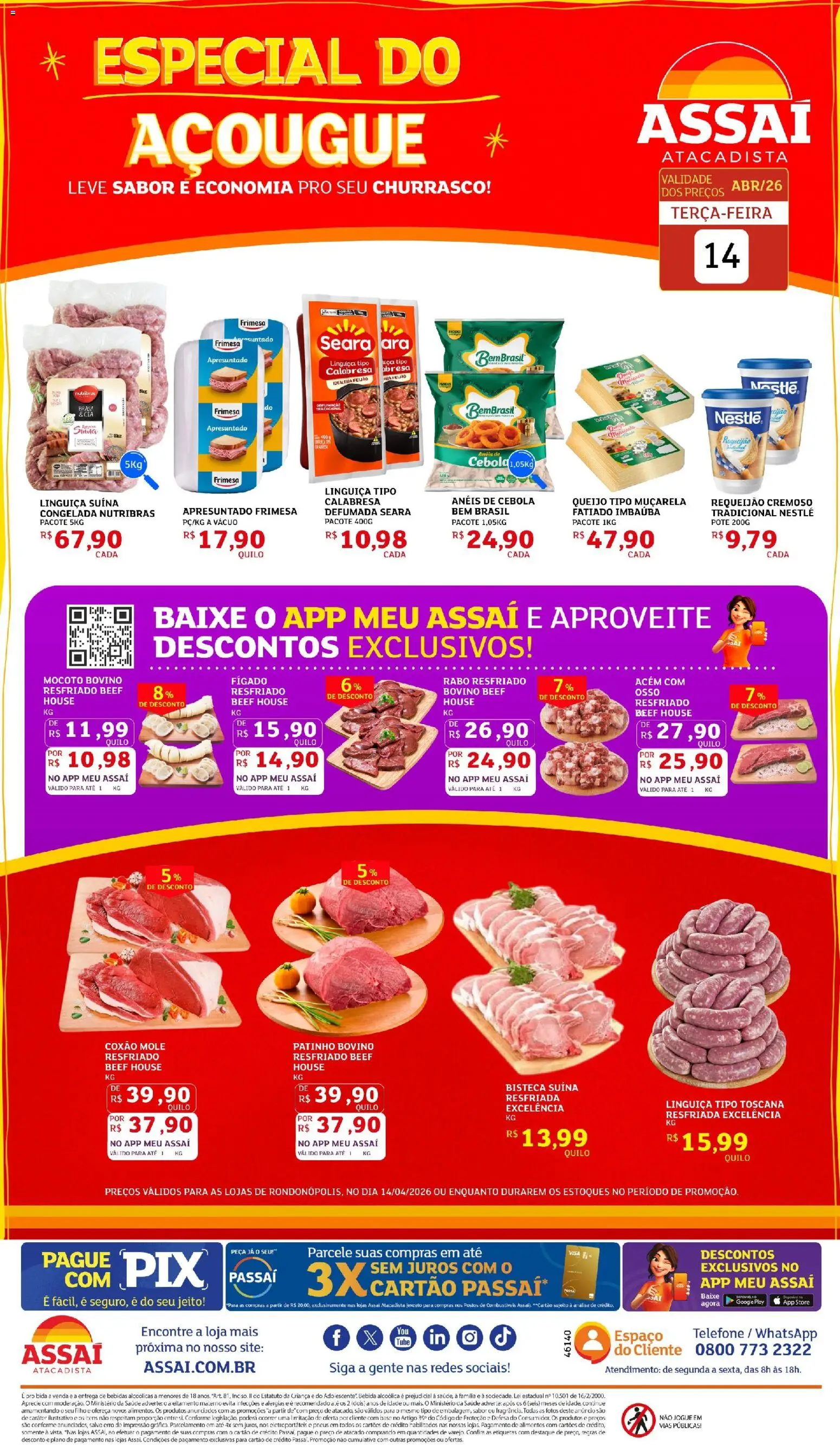 Assaí Atacadista Folheto - válido de 14.04.2026 | Página: 1 | Produtos: Cebola, Acém, Muçarela, Telefone