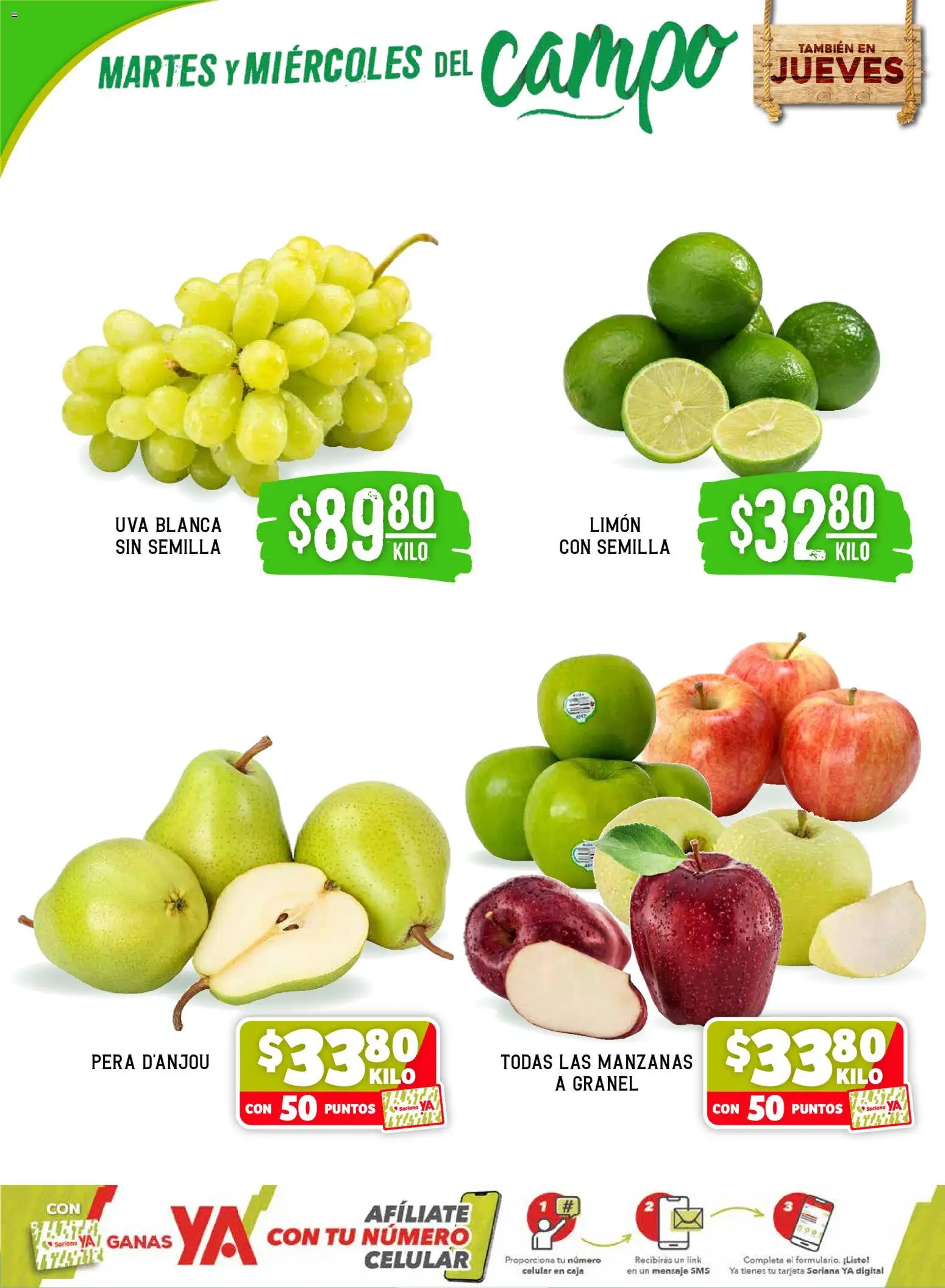 Nuevas ofertas de Soriana válidas en toda la República Mexicana desde el 28.04.2026. ¡Encuentra las mejores ofertas en Soriana Martes y Miércoles del Campo Súper: Juárez! | Página: 2 | Productos: Pera, Limón, Manzanas, Uva