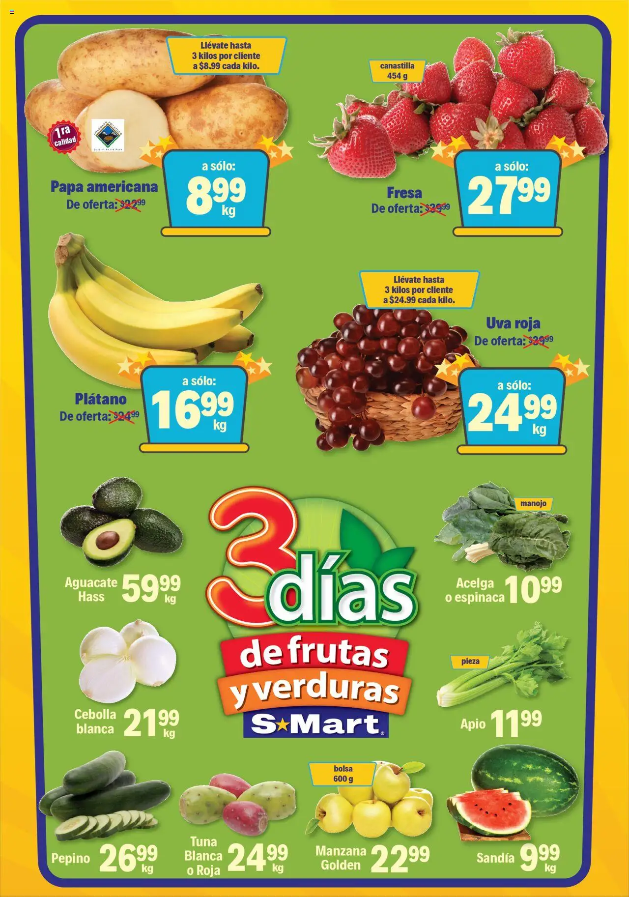 Nuevas ofertas de S-Mart válidas en toda la República Mexicana desde el 23.09.2025. ¡Encuentra las mejores ofertas en S-Mart - Folleto - Juarez! | Página: 1 | Productos: Cebolla, Fresa, Papa, Espinaca