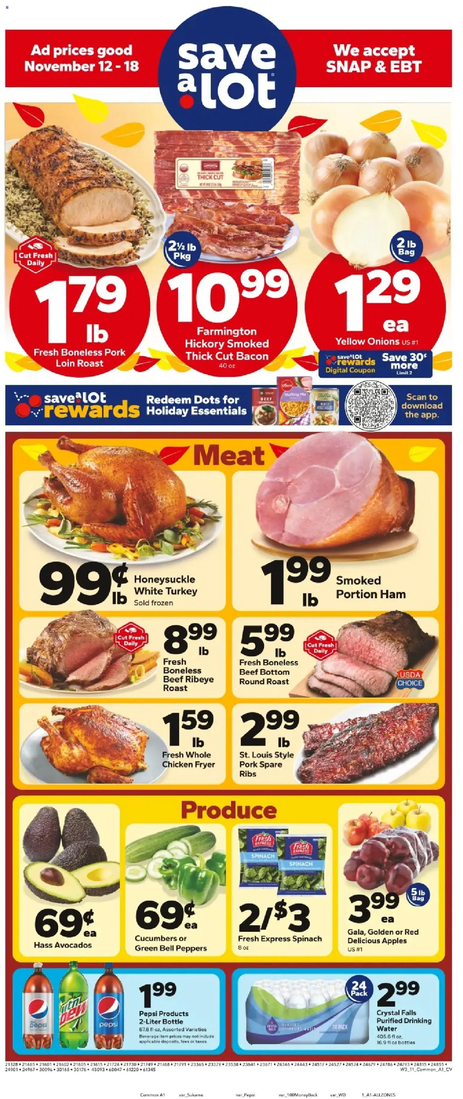 Save a Lot Weekly Ad - valid from 12.11.2025 | Page: 1 | Products: Peppers, Spinach, Ham, Cucumbers