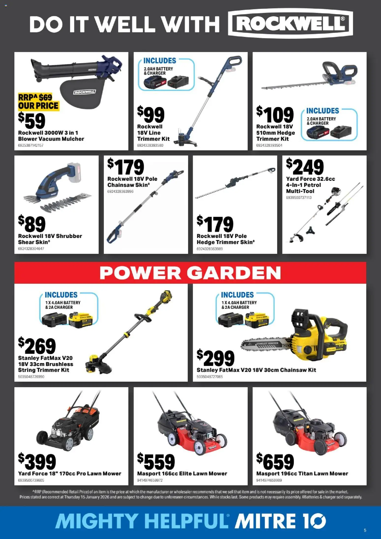 Mitre 10 catalogue - valid from 25.02.2026 | Page: 5 | Products: Battery, Charger, Chainsaw, Mower