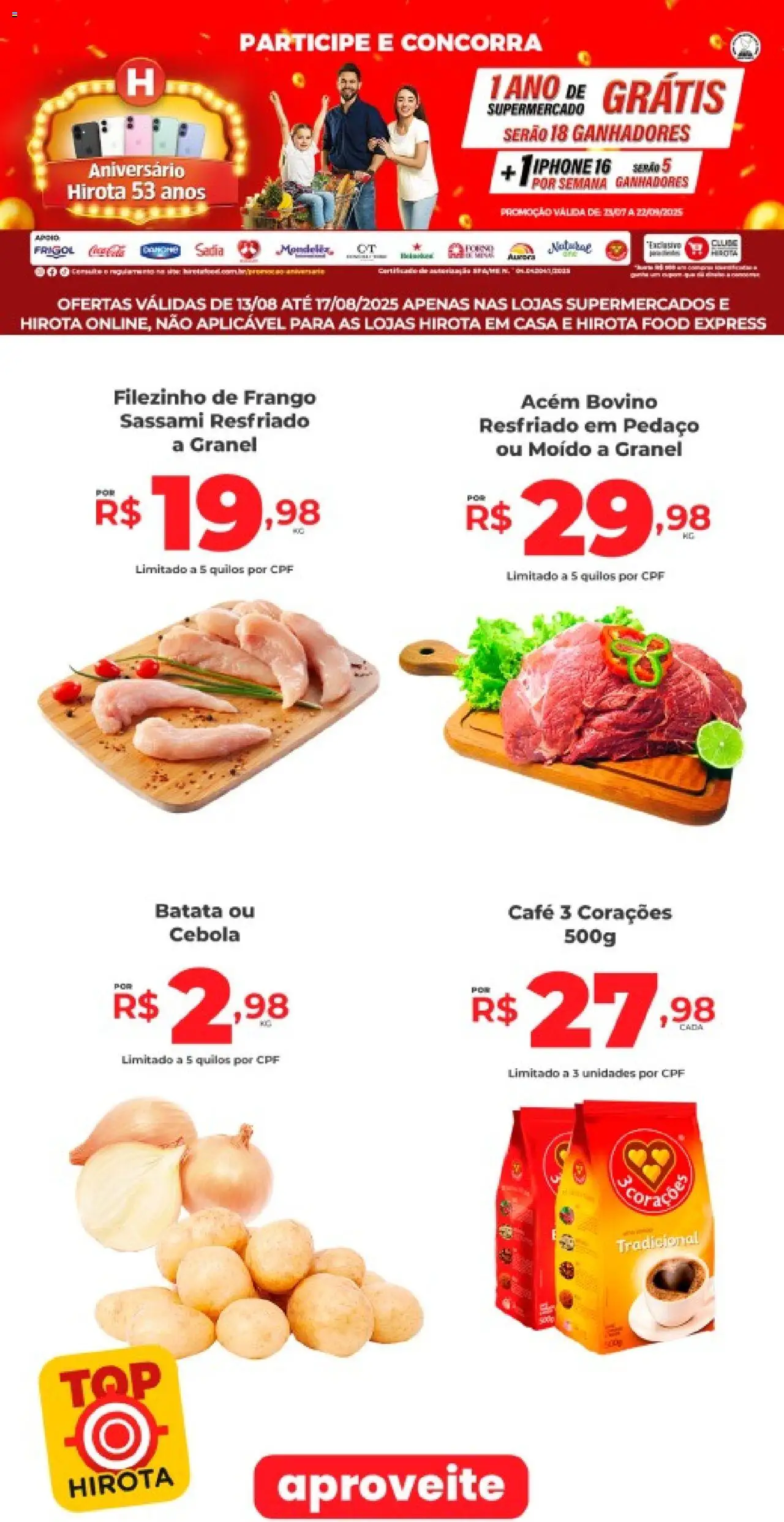 Hirota Food Folheto - válido de 13.08.2025 | Página: 1 | Produtos: Cebola, Acém, Batata, Frango