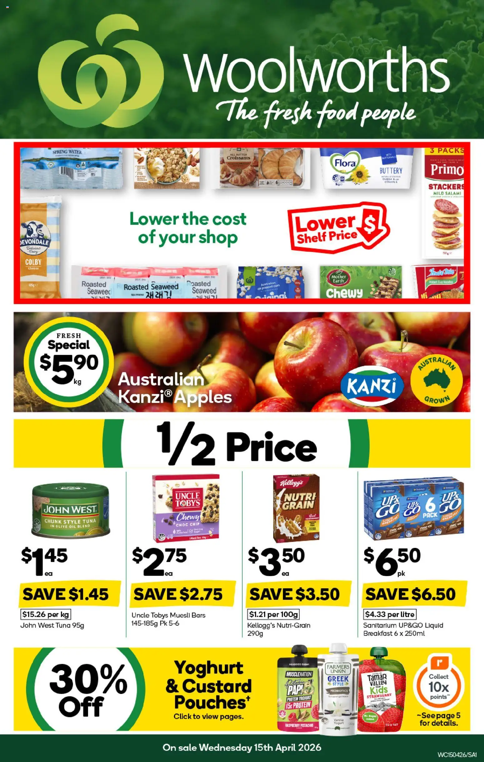 Woolworths catalogue - valid from 15.04.2026 | Page: 1 | Products: Yoghurt, Salami, Apples, Raspberry