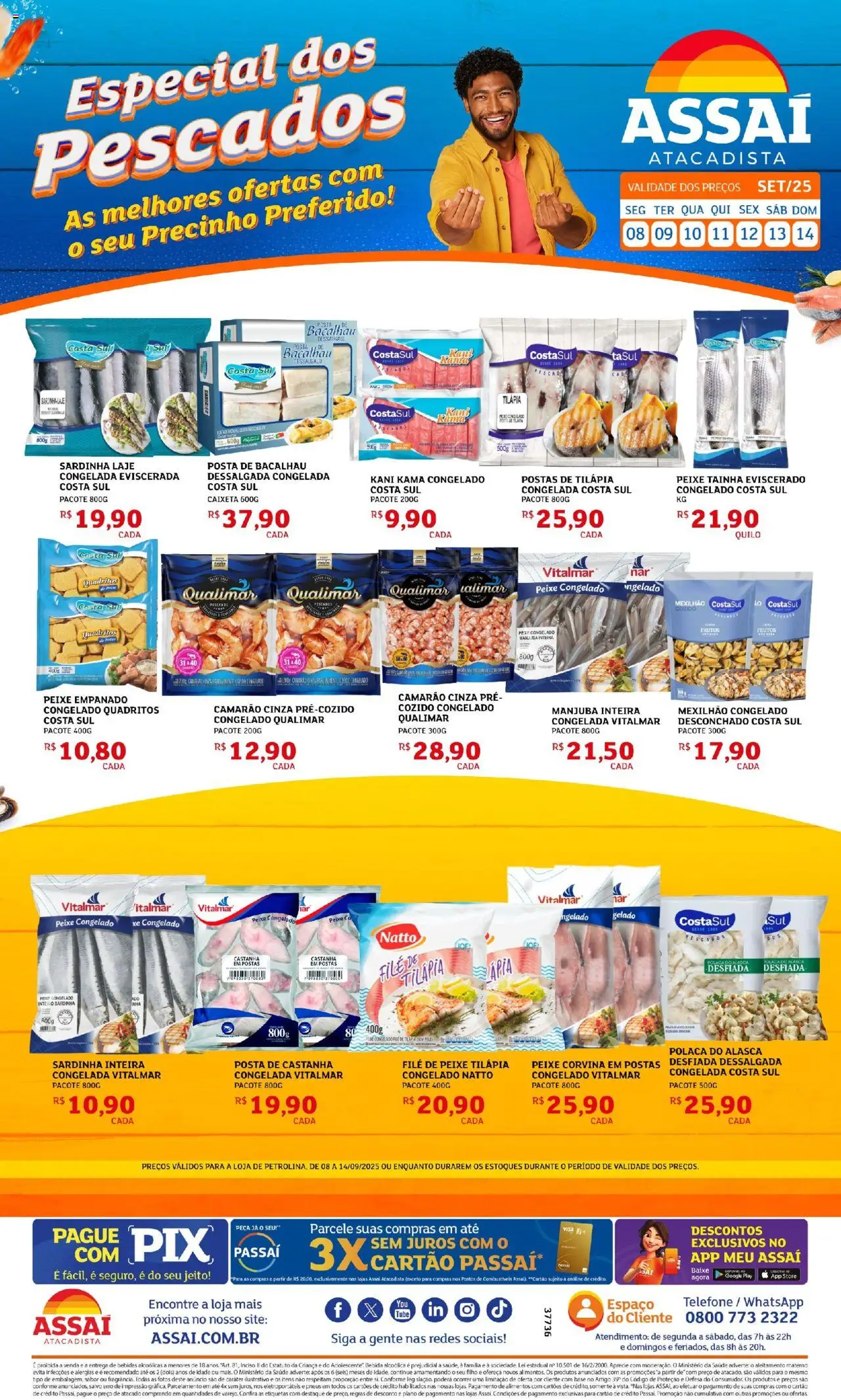 Assaí Atacadista Folheto - válido de 08.09.2025 | Página: 1 | Produtos: Camarão, Peixe, Base, Sardinha