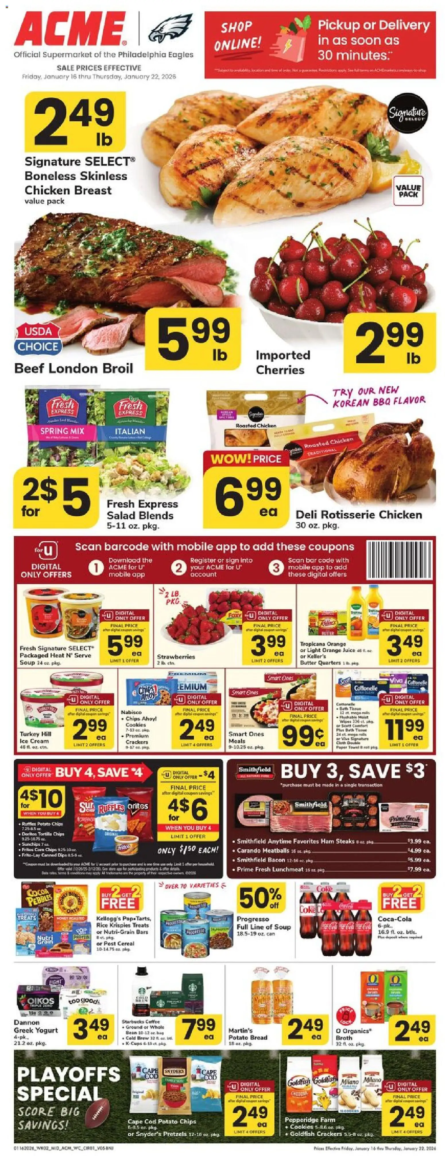 Acme Weekly Ad - NJ - valid from 16.01.2026 | Page: 1 | Products: Strawberries, Chips, Salad, Rod
