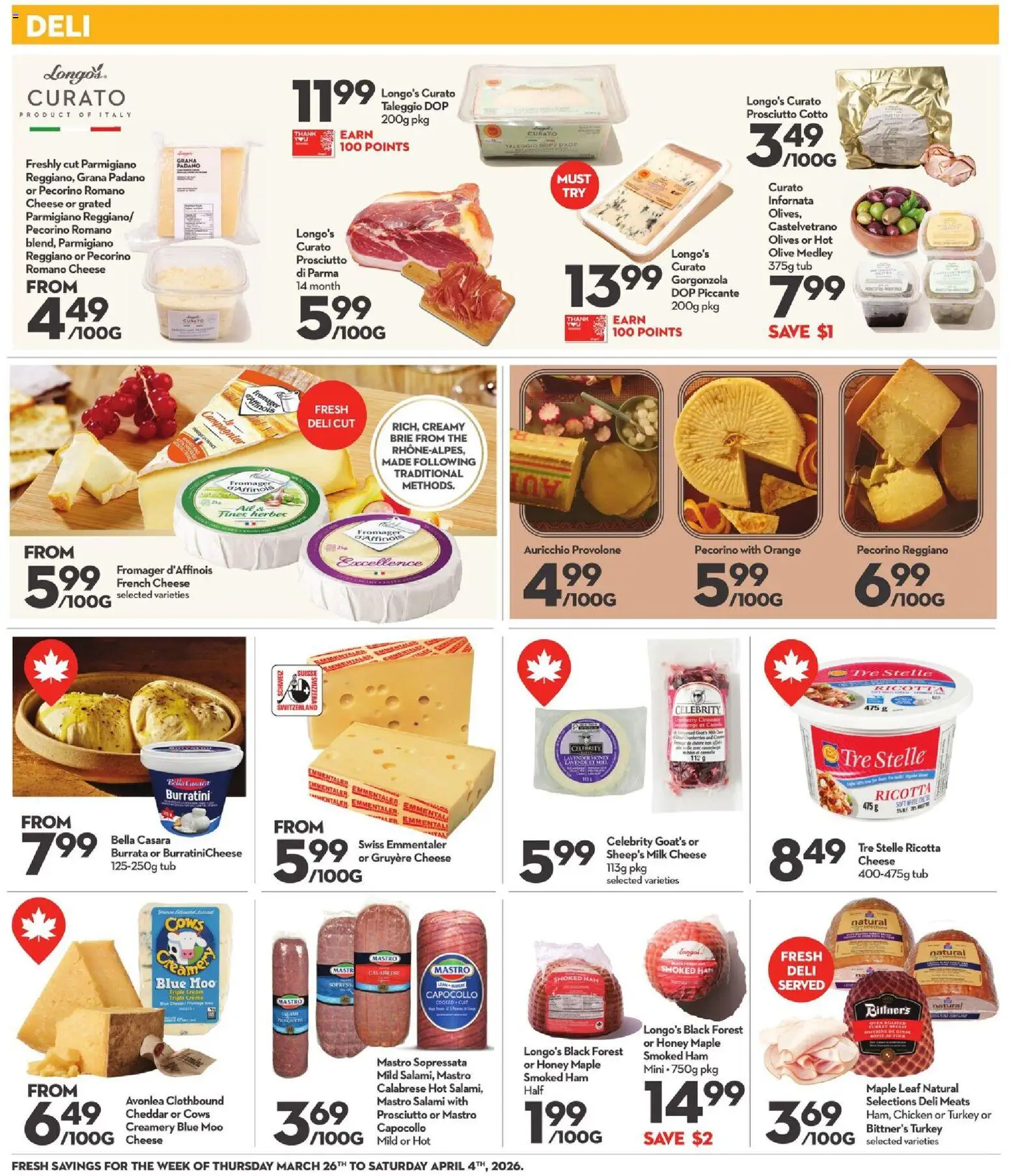 Longo's flyer valid from 26.03.2026 | Page: 11 | Products: Cream, Salami, Ham, Chicken