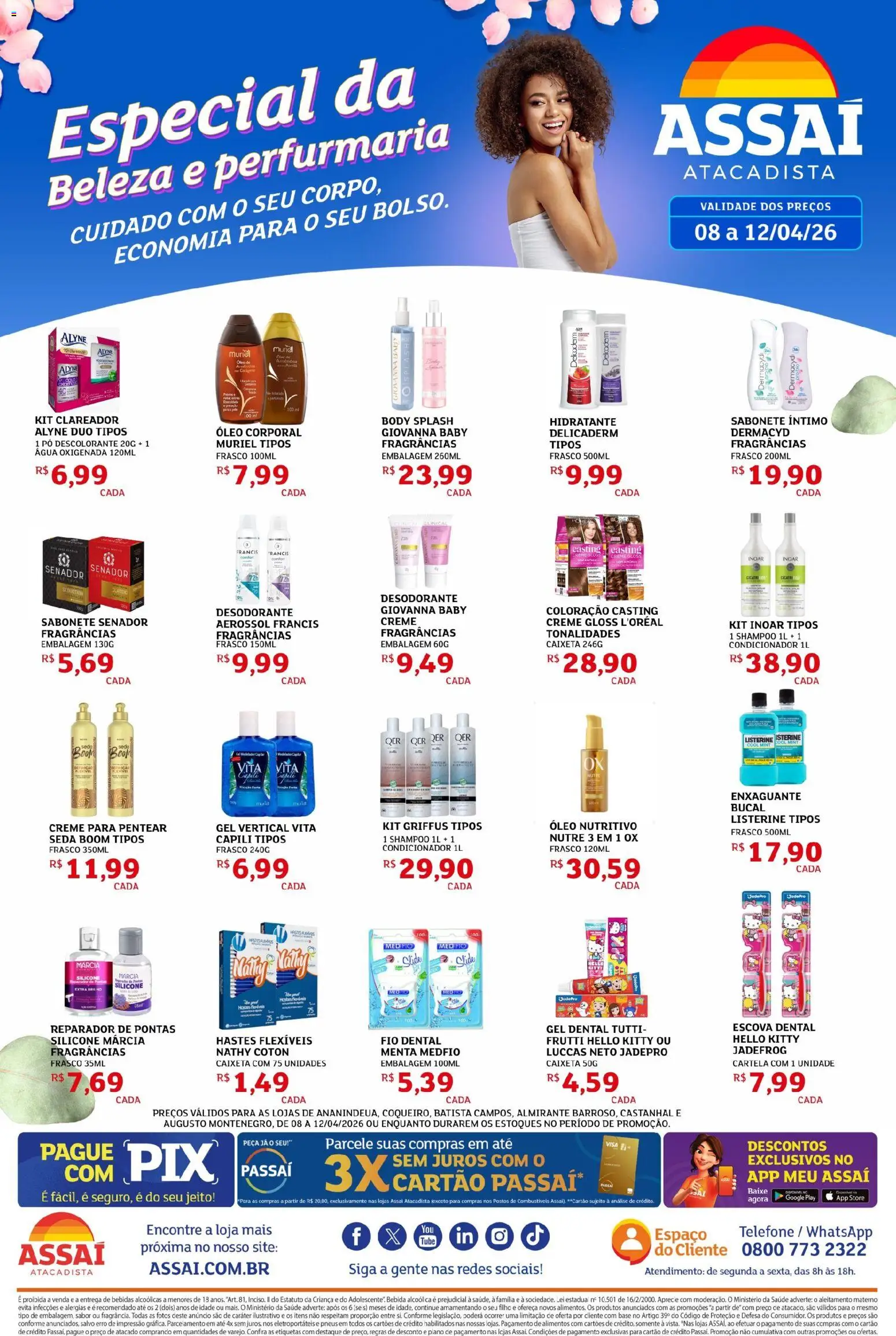 Assaí Atacadista Folheto - válido de 08.04.2026 | Página: 1 | Produtos: Descolorante, Enxaguante bucal, Base, Telefone