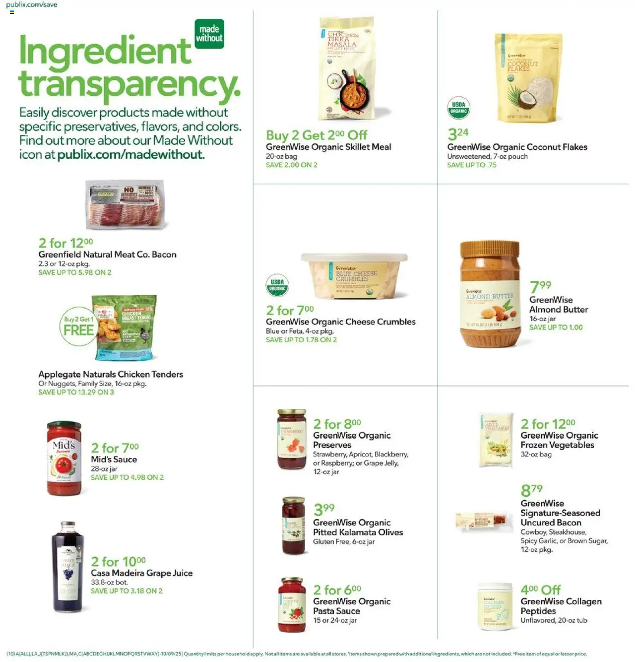 Publix Leaflet - valid from 08.10.2025 | Page: 10 | Products: Butter, Juice, Pasta, Vegetables