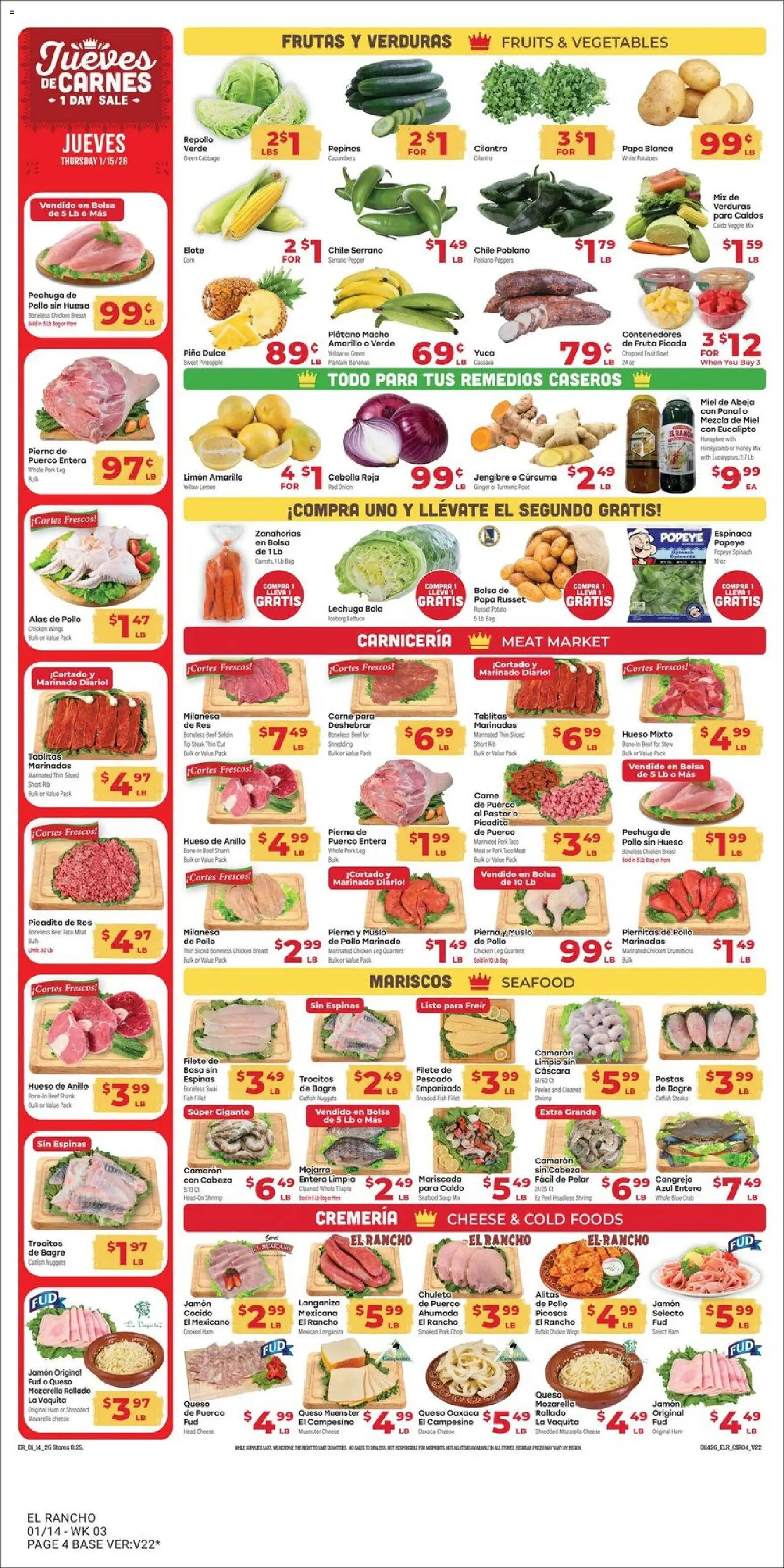 El Rancho - Weekly Ad - valid from 14.01.2026 | Page: 4 | Products: Spinach, Ham, Fish, Pineapple