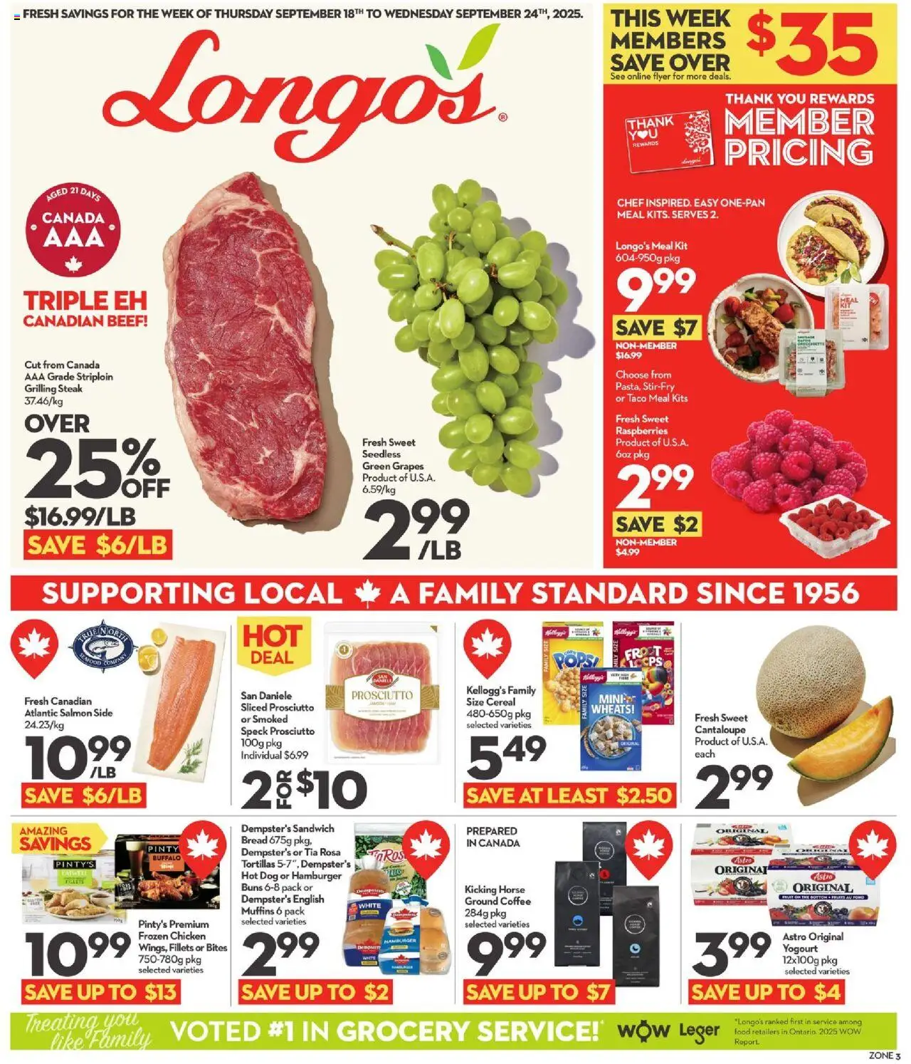 Longo's flyer valid from 18.09.2025 | Page: 1 | Products: Beef, Bread, Coffee, Chicken
