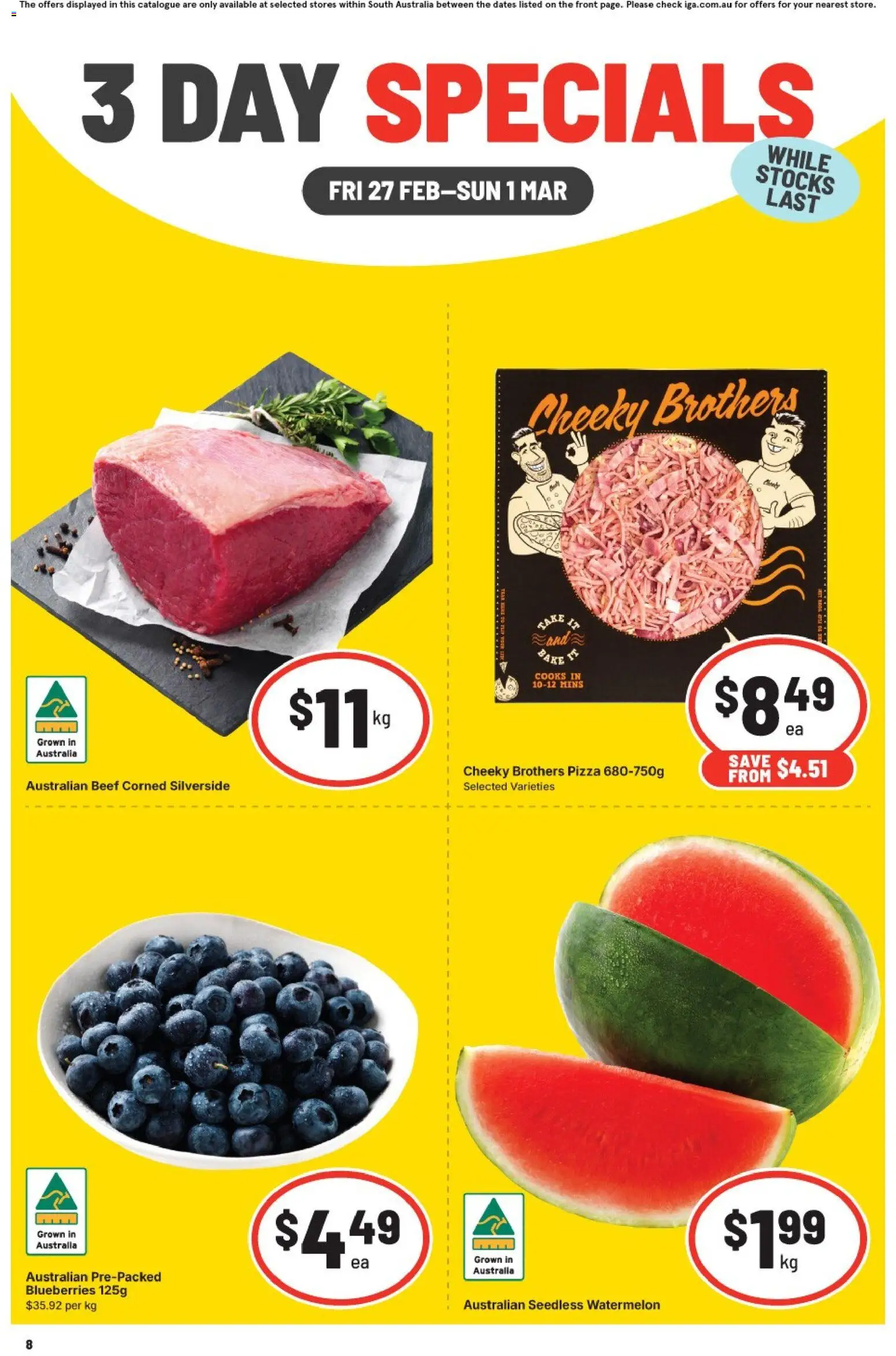 IGA catalogue - valid from 27.02.2026 | Page: 1 | Products: Pizza, Beef, Watermelon, Blueberries