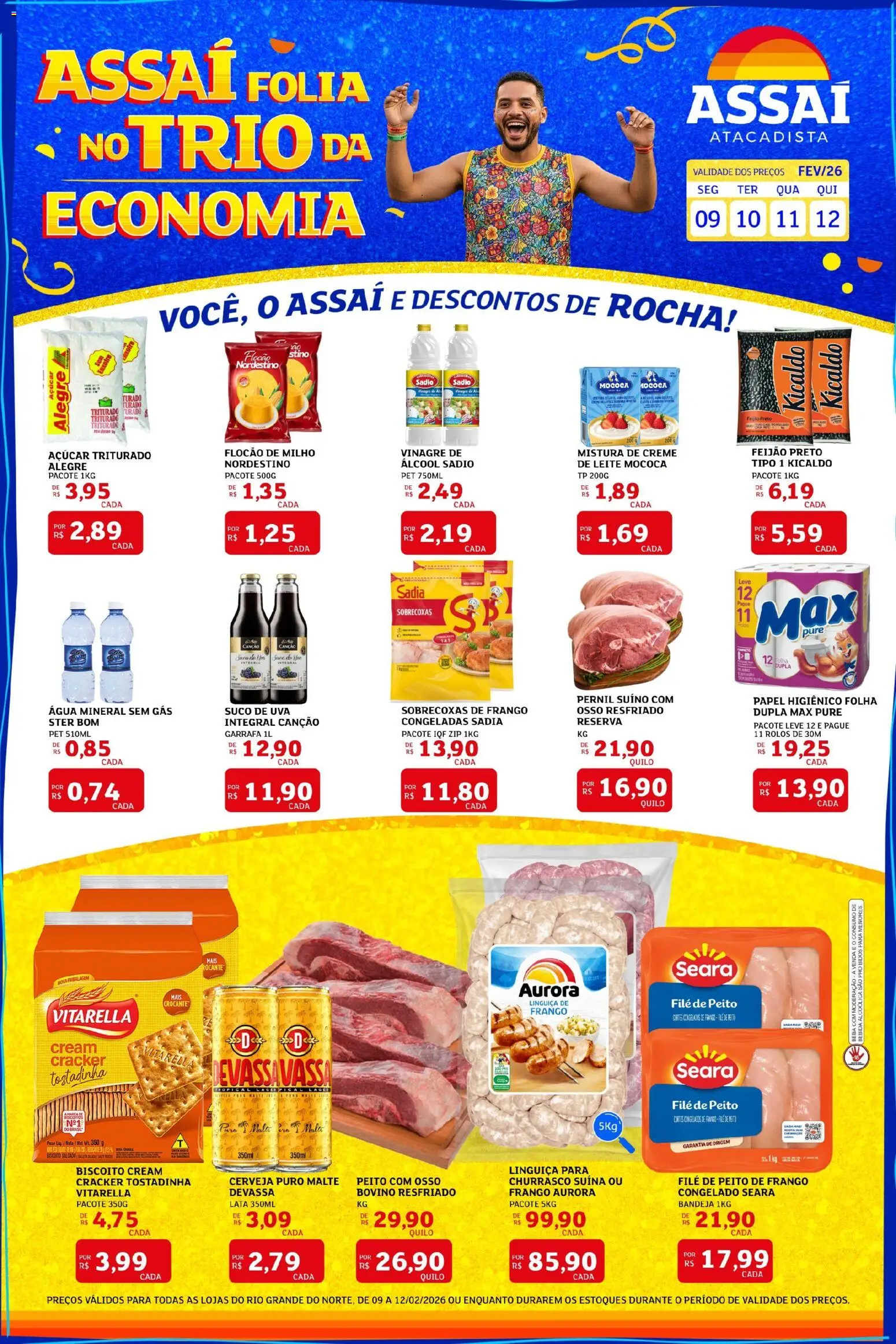 Assaí Atacadista Folheto - válido de 09.02.2026 | Página: 1 | Produtos: Cerveja, Bebida, Água mineral, Açúcar