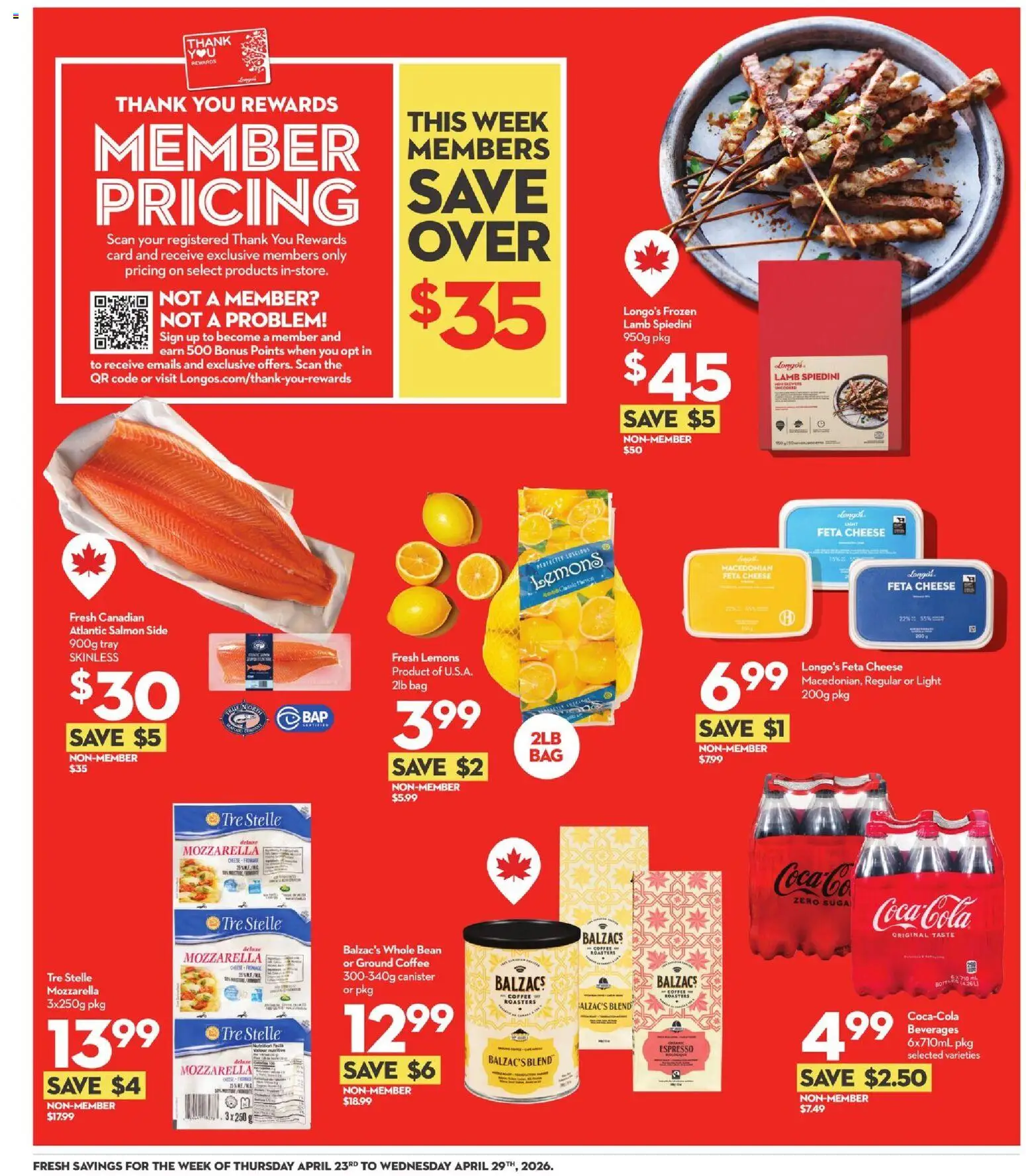 Longo's flyer valid from 23.04.2026 | Page: 4 | Products: Bag, Cheese, Coffee