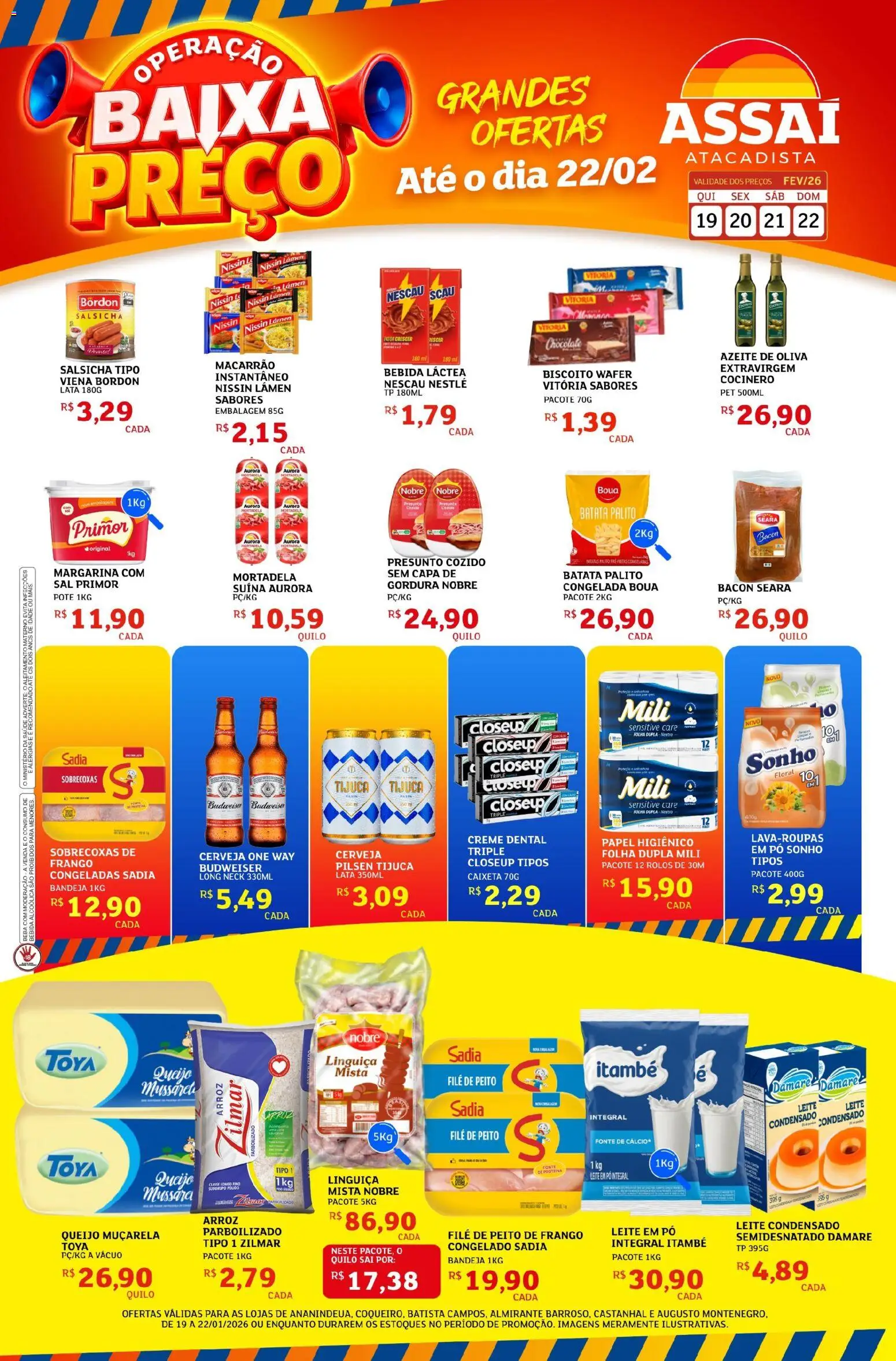 Assaí Atacadista Folheto - válido de 19.02.2026 | Página: 1 | Produtos: Linguiça, Mortadela, Cerveja, Arroz