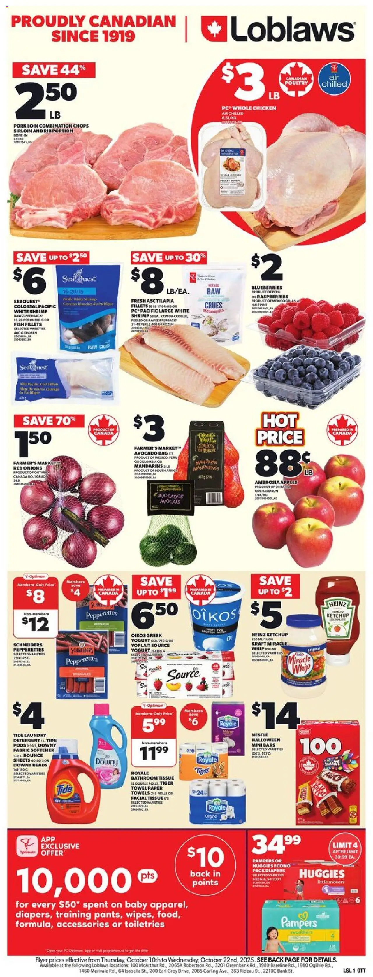 Loblaws flyer valid from 16.10.2025 | Page: 4 | Products: Yogurt, Chicken, Pork, Apples