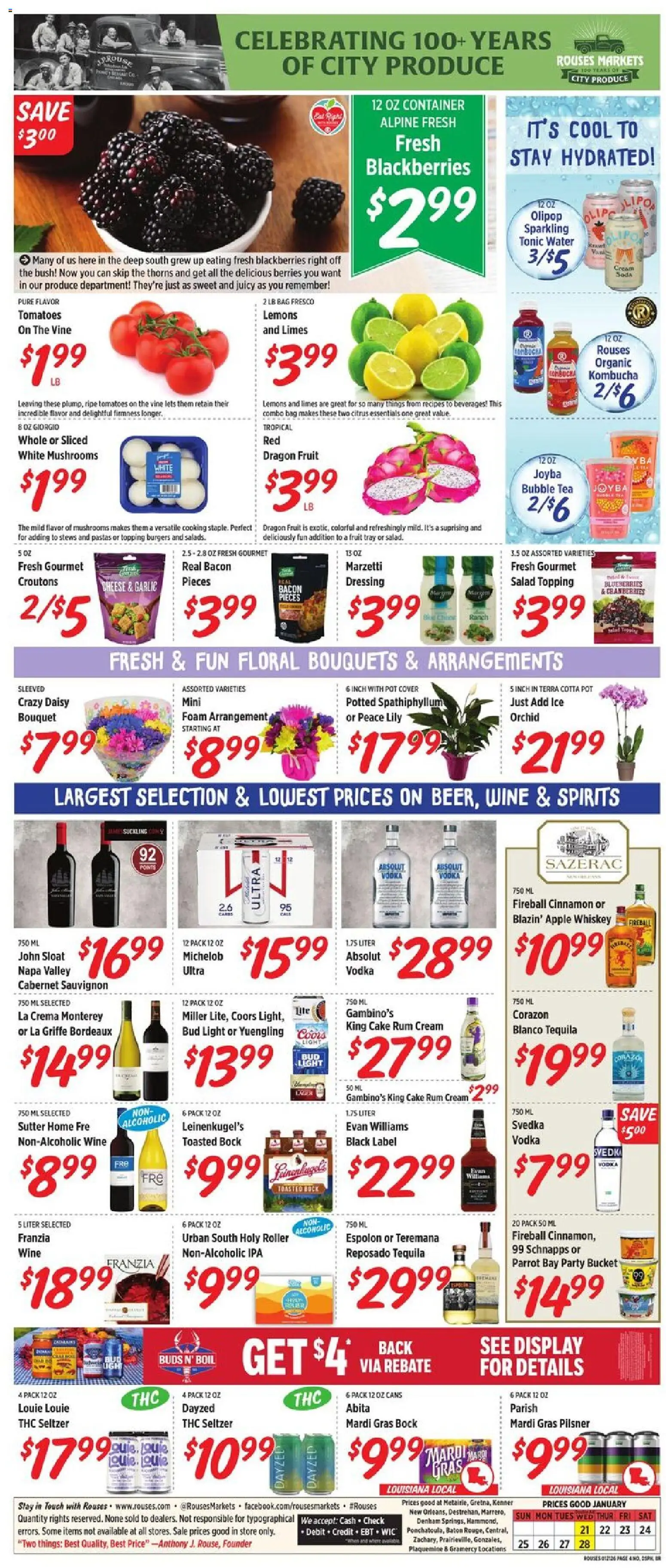 Rouses Weekly Ad - valid from 21.01.2026 | Page: 8 | Products: Mushrooms, Tea, Cream, Blueberries