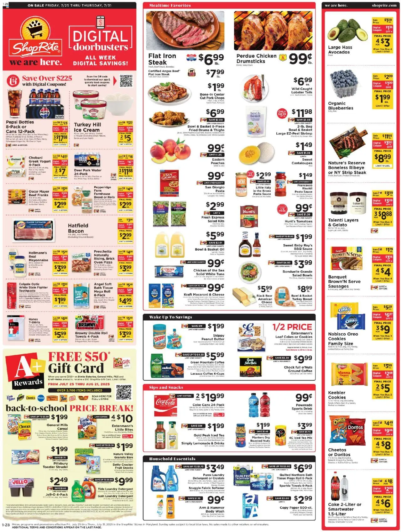 ShopRite Weekly Ad - valid from 24.07.2025 | Page: 1 | Products: Peaches, Chocolate, Fabric softener, Body Wash