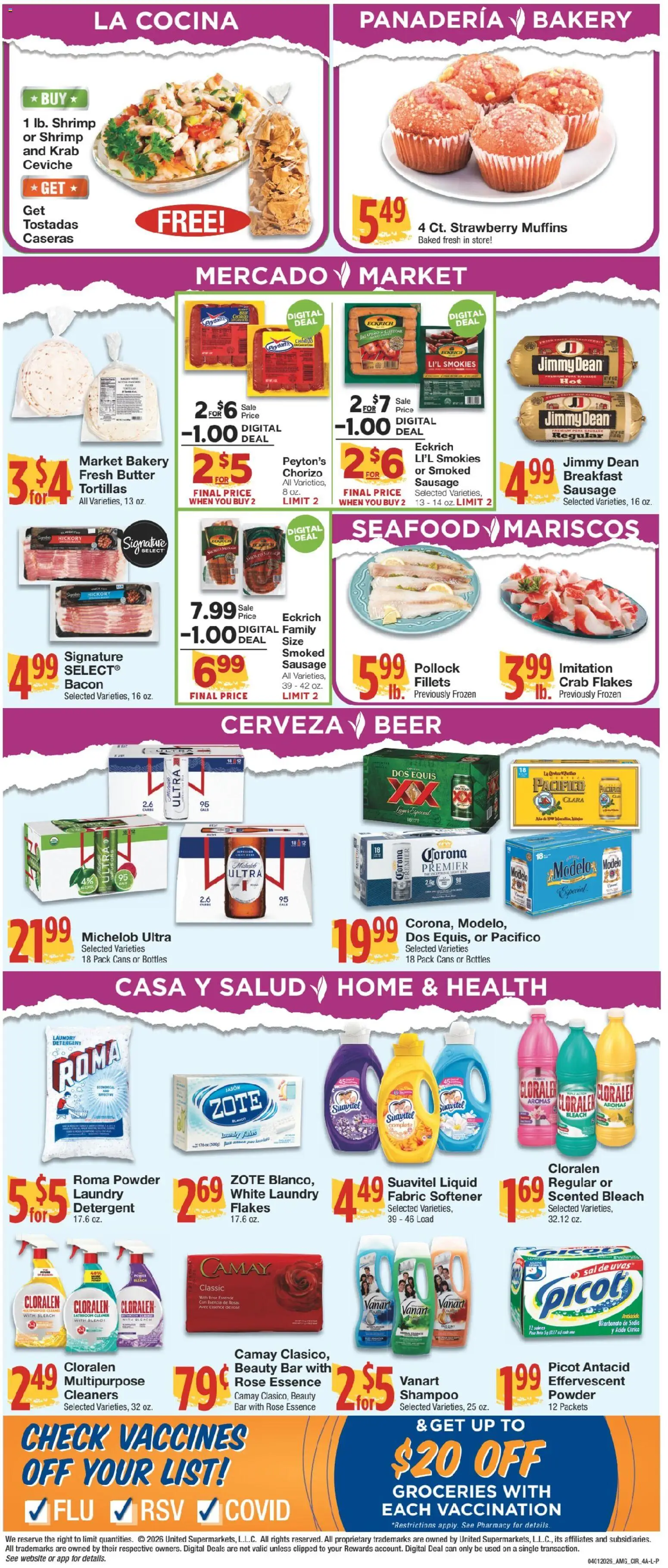 United Supermarkets Ad - valid from 31.03.2026 | Page: 4 | Products: Bakery, Butter, Flakes, Sausage