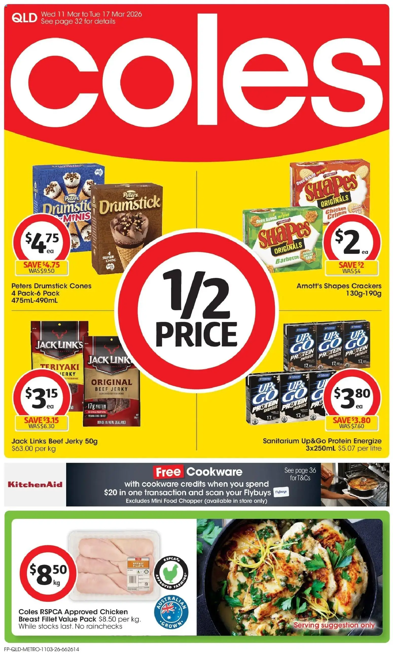 Coles catalogue - valid from 11.03.2026 | Page: 1 | Products: Grass, Crackers, Chicken, Beef
