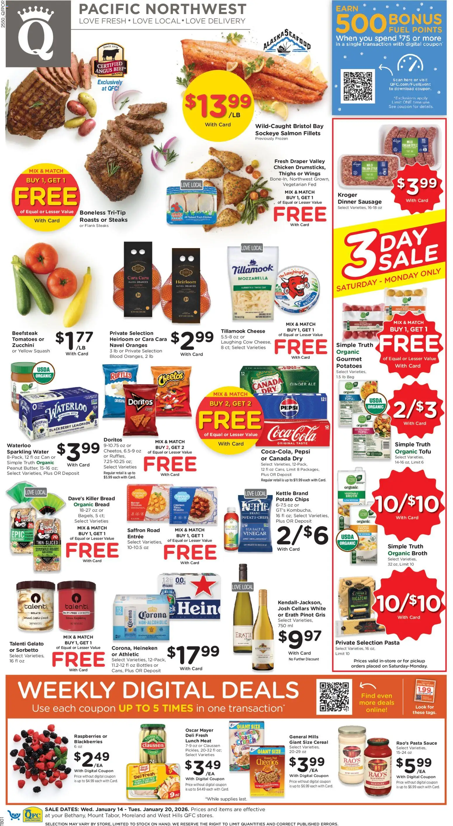 QFC Weekly Ad - OR - valid from 14.01.2026 | Page: 1 | Products: Squash, Cheese, Bread, Bag