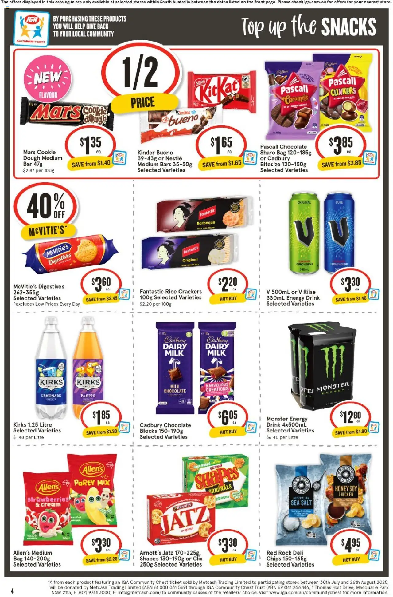 IGA catalogue - valid from 06.08.2025 | Page: 4 | Products: Chocolate, Mandarins, Steak, Batteries