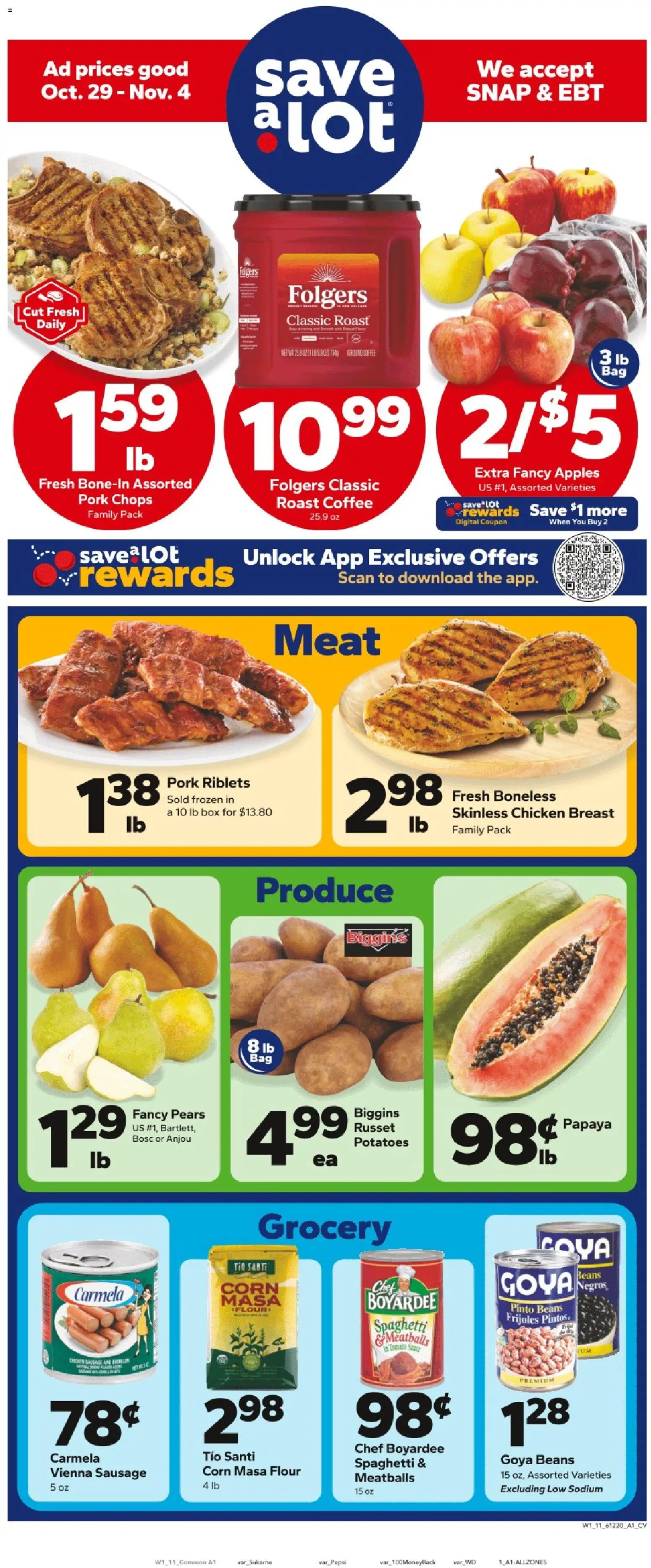 Save a Lot Weekly Ad - valid from 29.10.2025 | Page: 1 | Products: Box, Apples, Potatoes, Sauce