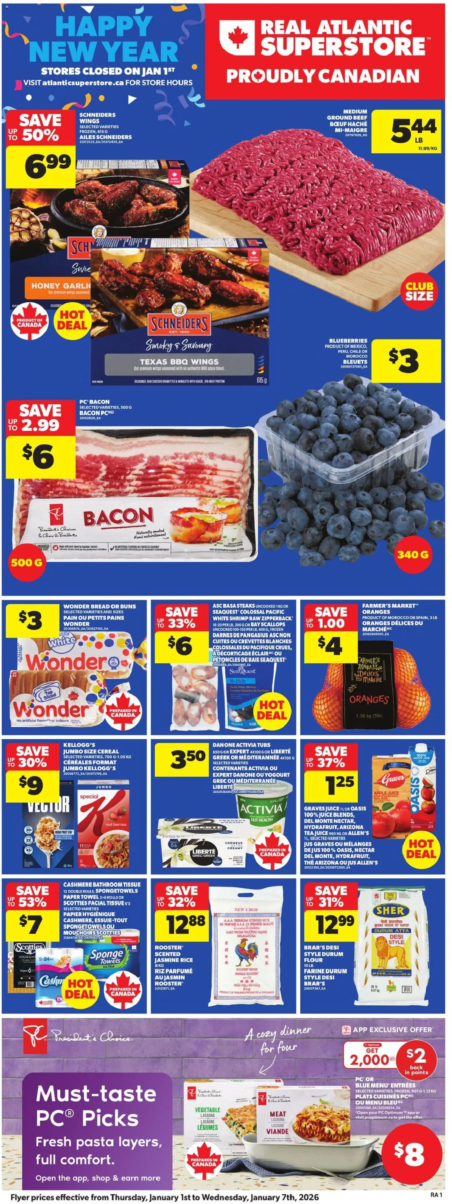 Atlantic Superstore flyer valid from 01.01.2026 | Page: 3 | Products: Beef, Juice, Chicken, Oranges