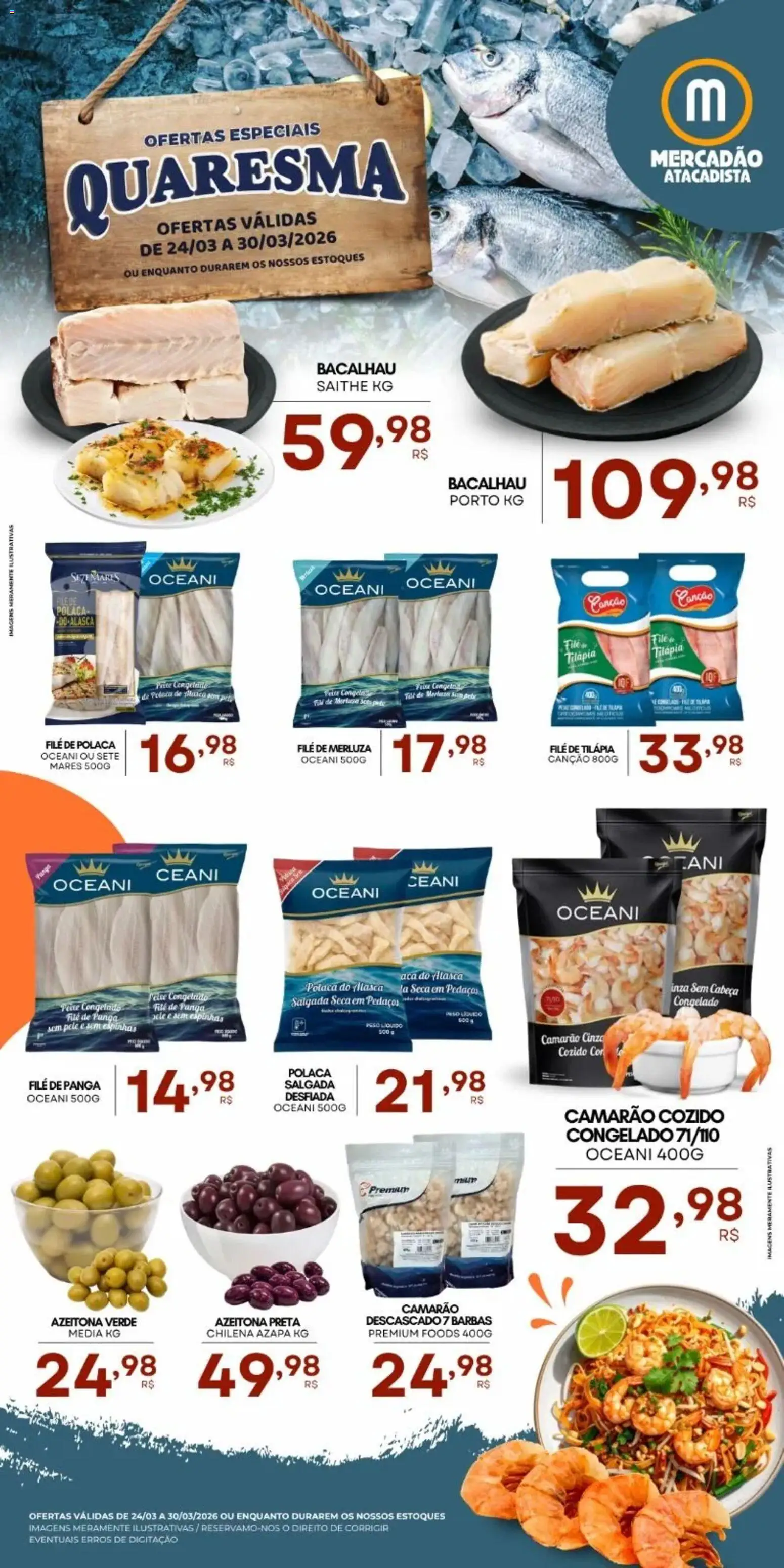 Mercadão Atacadista Folheto - válido de 24.03.2026 | Página: 1 | Produtos: Bacalhau, Camarão, Tilápia, Filé de tilápia