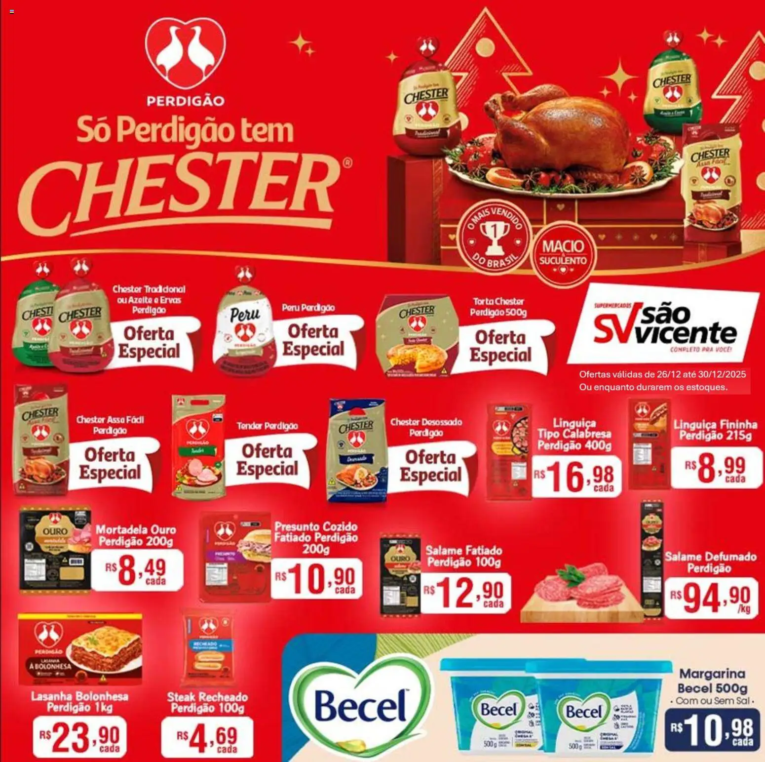 Supermercados São Vicente Folheto - válido de 26.12.2025 | Página: 1 | Produtos: Linguiça, Lasanha, Chester perdigão, Margarina