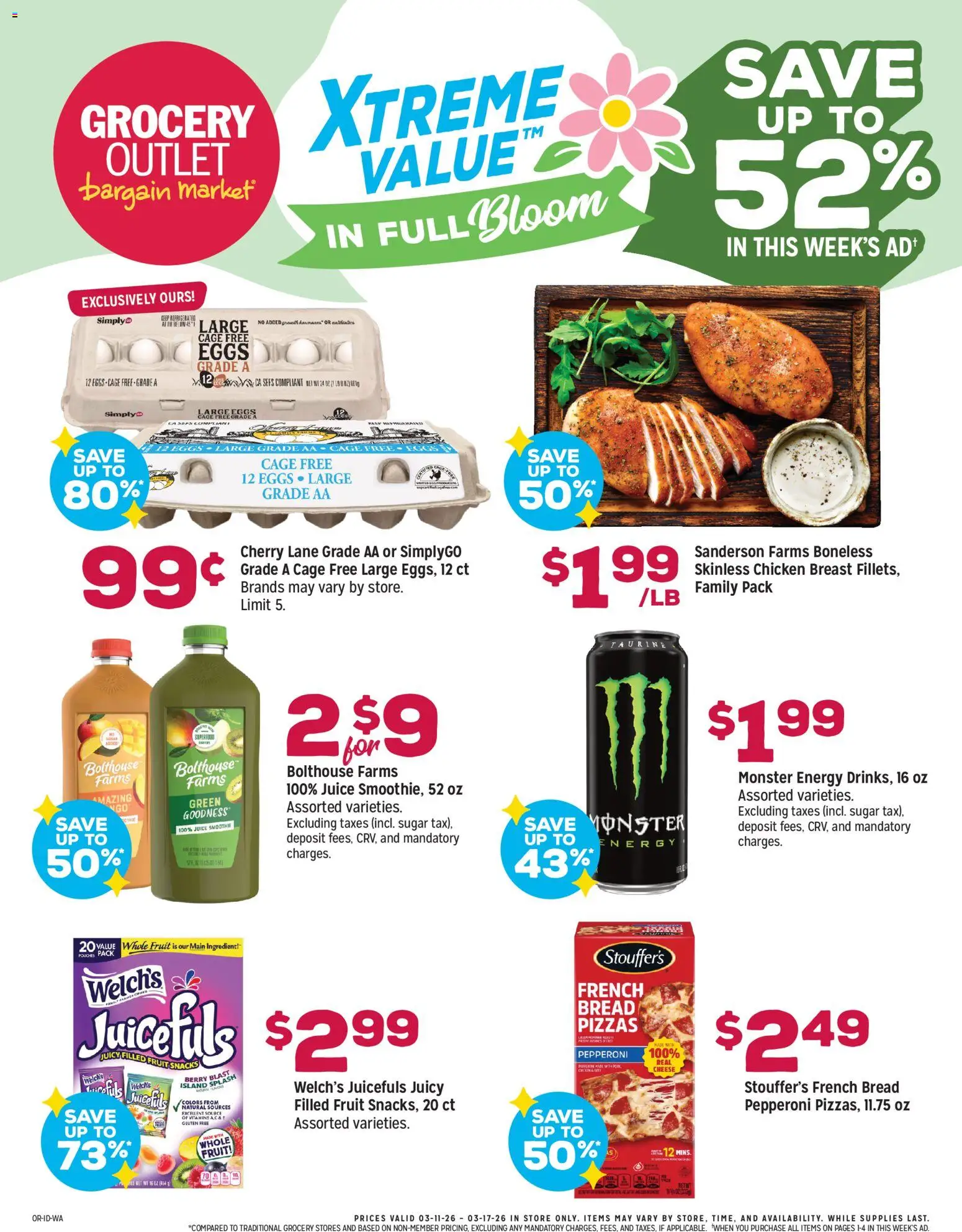 Grocery Outlet Weekly Ad - valid from 11.03.2026 | Page: 1 | Products: Cheese, Eggs, Bread, Sugar