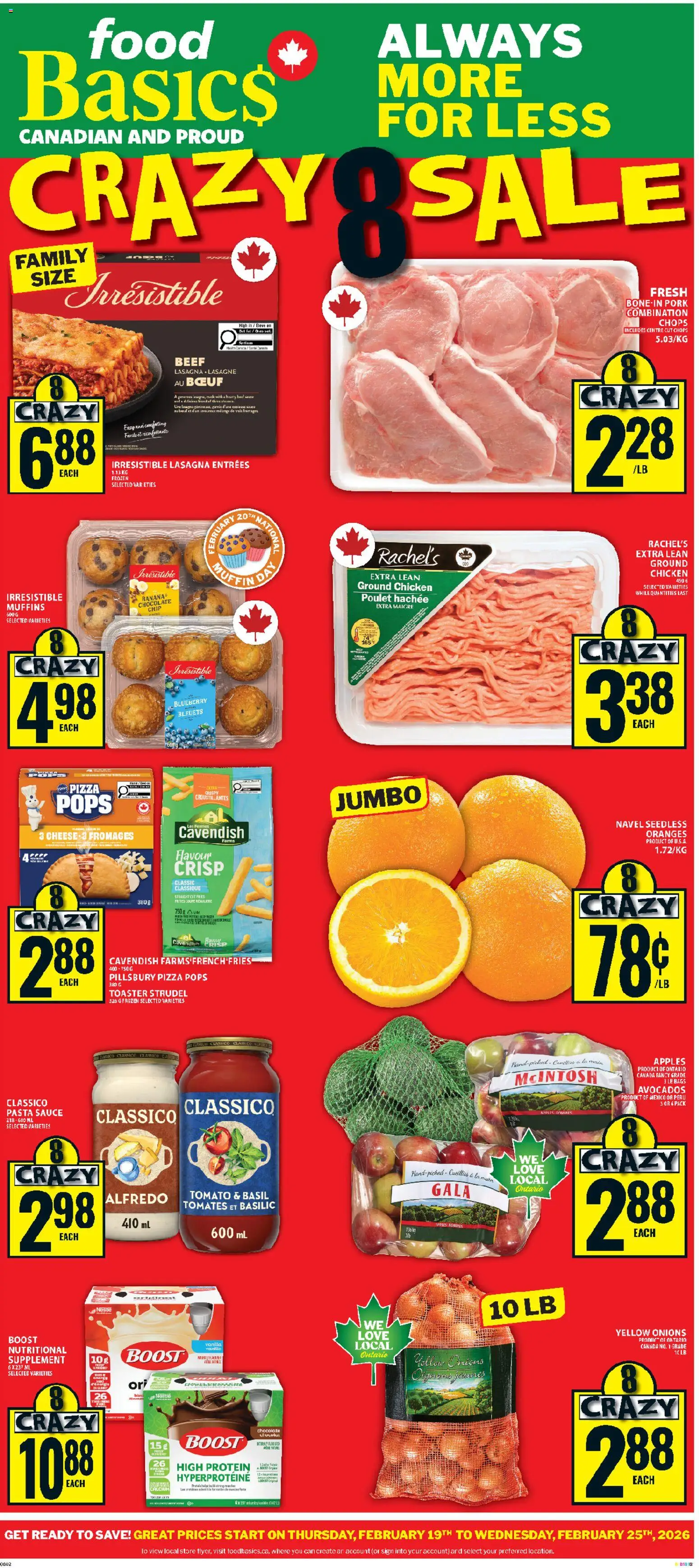 Food Basics flyer valid from 19.02.2026 | Page: 1 | Products: Beef, Pizza, Apples, Oranges