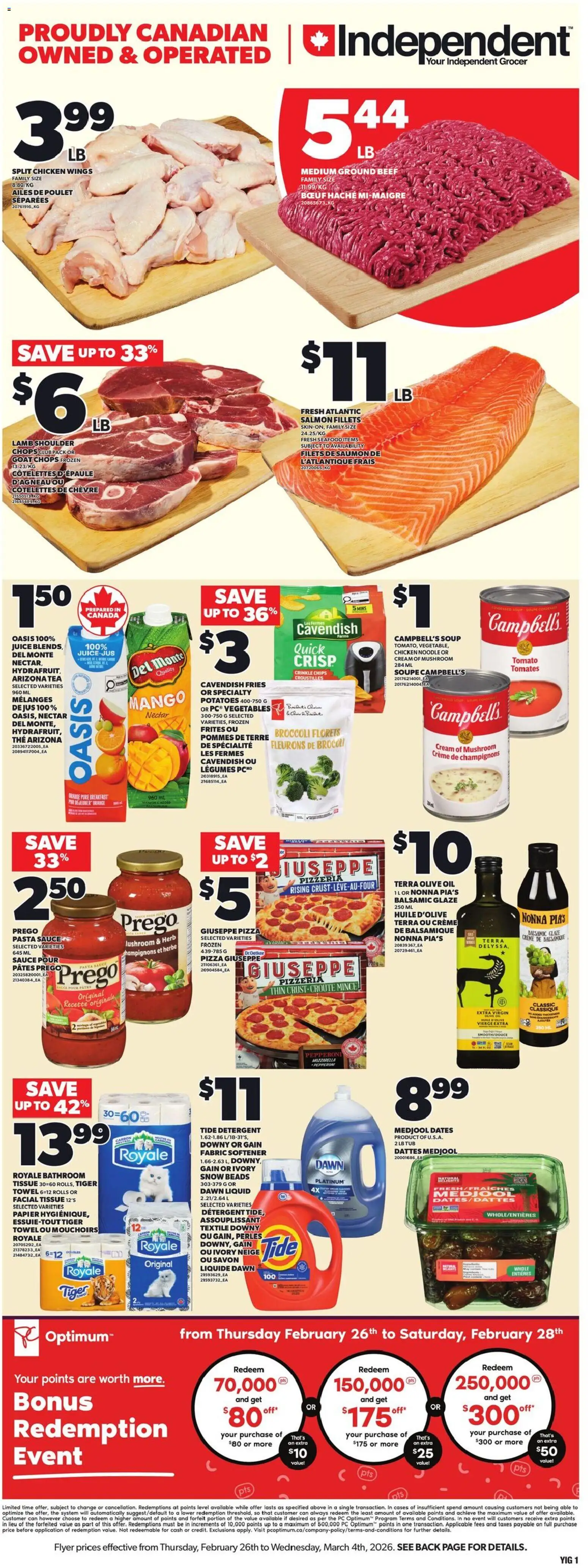 Independent Grocer flyer valid from 26.02.2026 | Page: 3 | Products: Tea, Pasta, Cream, Oil