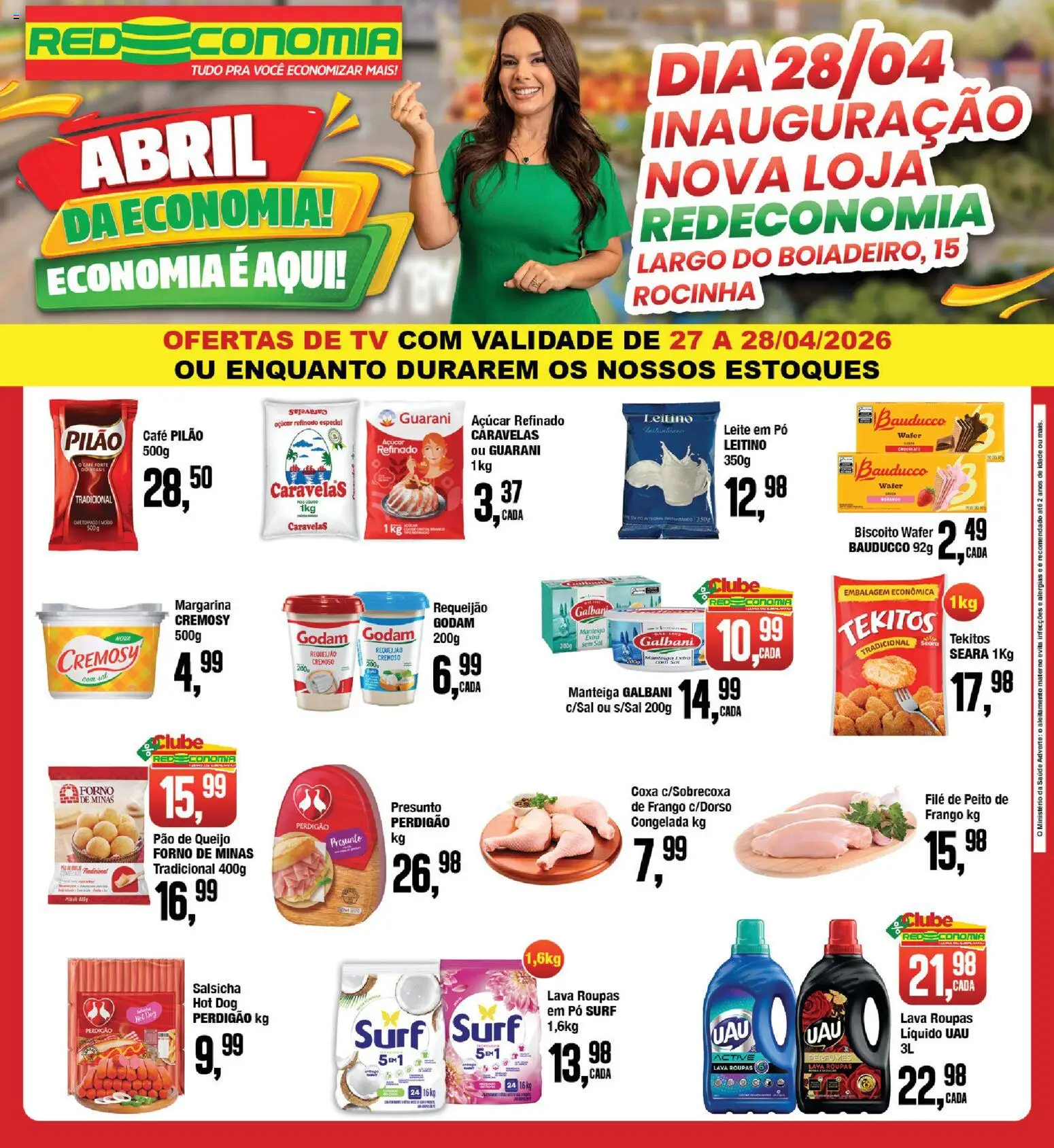 RedEconomia Folheto - válido de 27.04.2026 | Página: 1 | Produtos: Leite, Frango, Requeijão, Pão de queijo