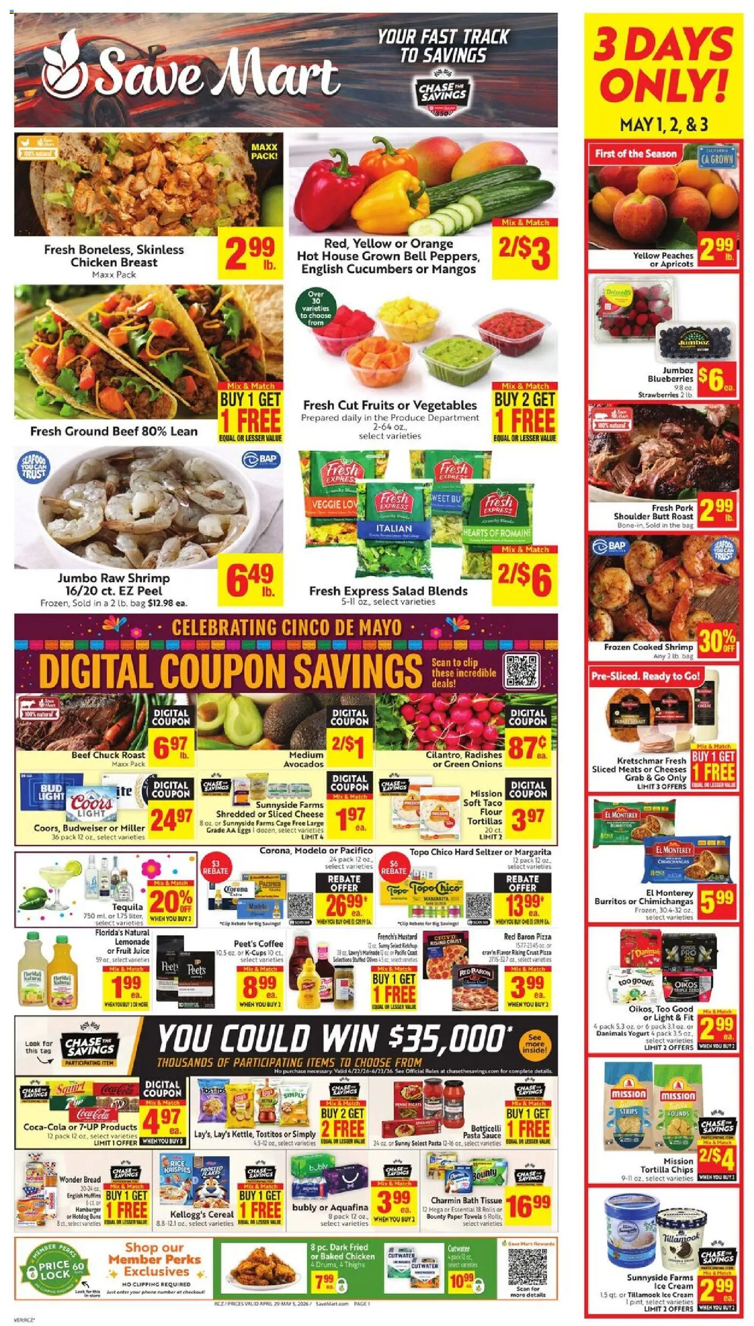 Save Mart Weekly Ad - valid from 29.04.2026 | Page: 1 | Products: Peaches, Coffee, Juice, Phone